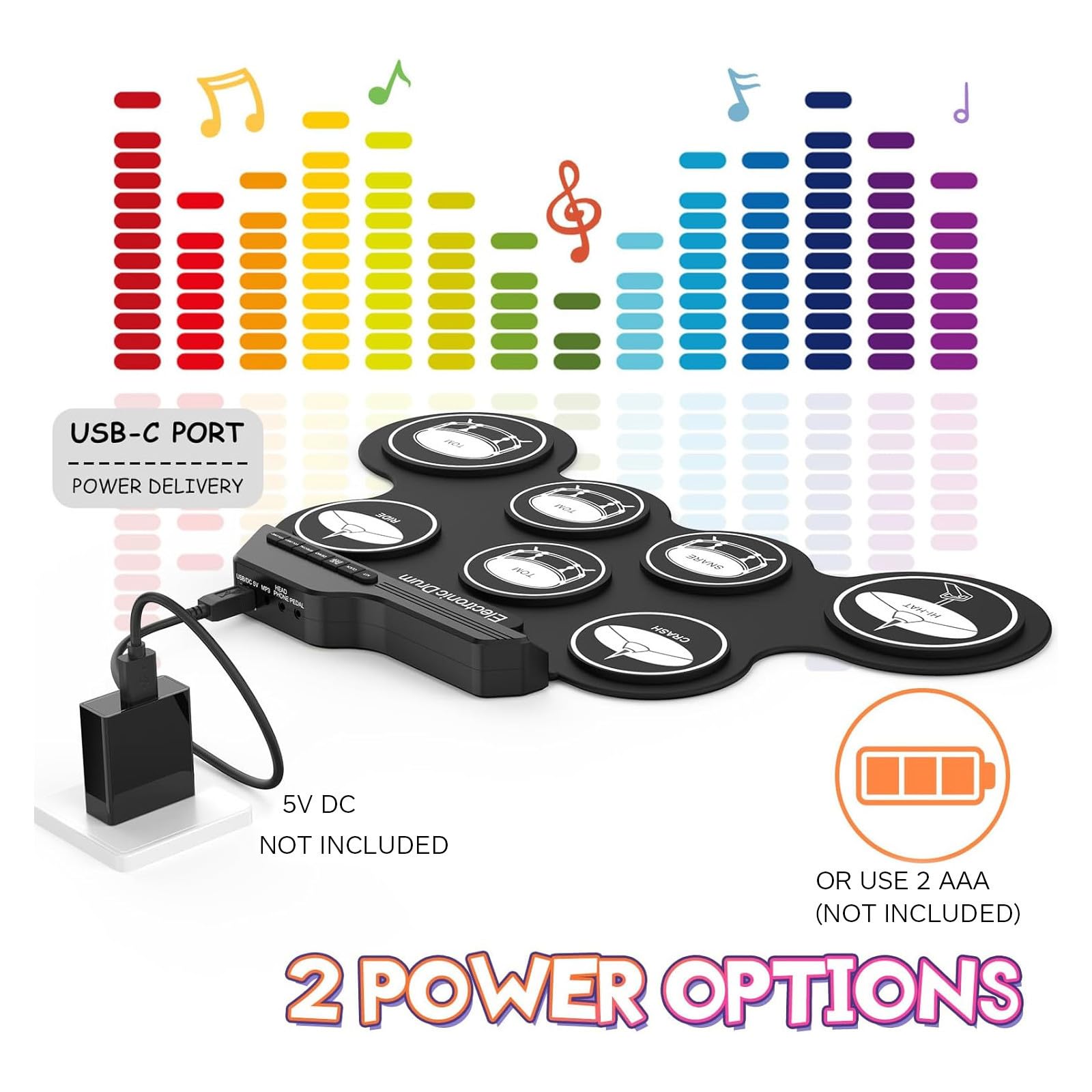 POPETPOP Batería Electrónica Portátil Pads de Silicona y Metrónomo Incorporado Enrollable para Práctica Silenciosa y Fácil Uso en Casa