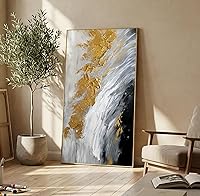 Hand-Painted Gold Abstract Oil Painting on Framed Canvas, 24x48 Inch White Black Grey Wall Art for Living Room Bedroom Home Decor
