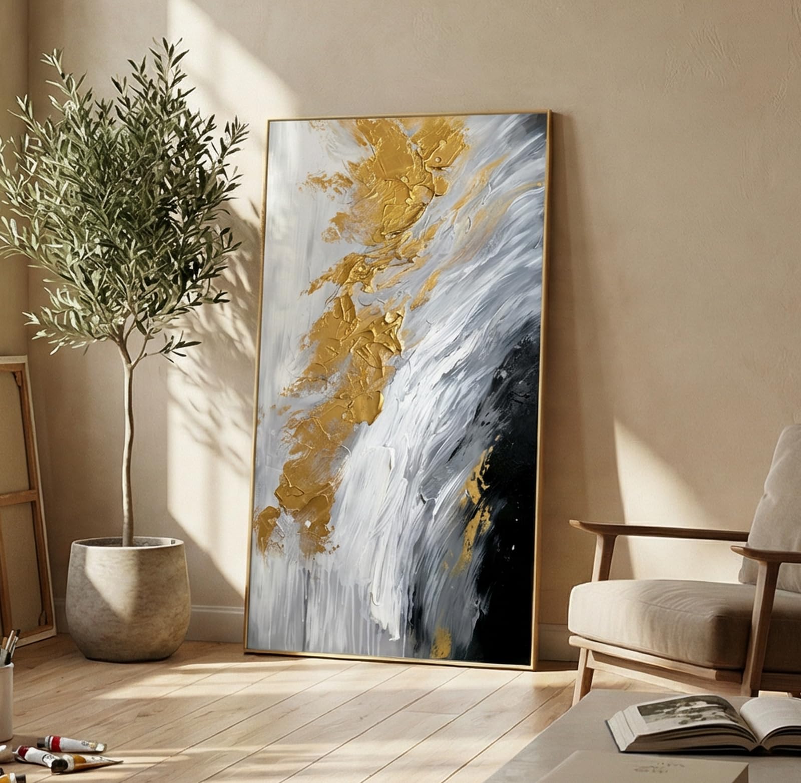 Hand-Painted Gold Abstract Oil Painting on Canvas for Entrance-Hall, Framed White and Black Wall Art for Living Room,Large Wall Picture for Bedroom Kitchen Home Decoration 24x48inch