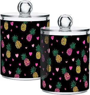 Gredecor 2 Pack Qtip Holder Clear Cute Cartoon Yellow Pineapple (3) Apothecary Jars with Lids Acrylic Bathroom Jars Vanity Countertop Canister Storage Organizer for Cotton Ball,Swabs,Pads,Floss