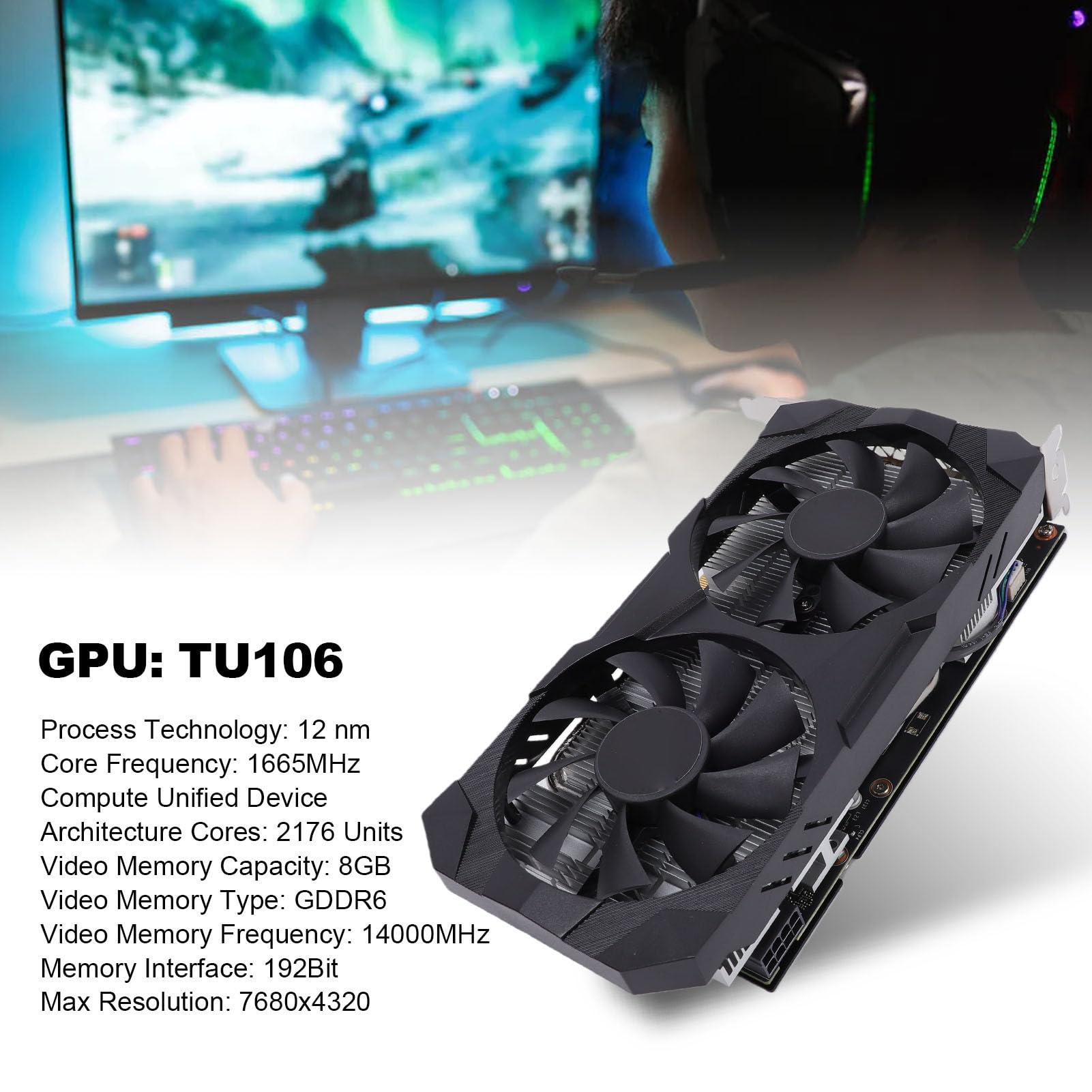 Cuifati Komputerowa Karta Graficzna, 6 GB GDDR6 192-bitowa Karta Graficzna do Gier, Dwa Wentylatory Chłodzące do Gier z obsługą Renderowania AI dla 1080p 2K AAA