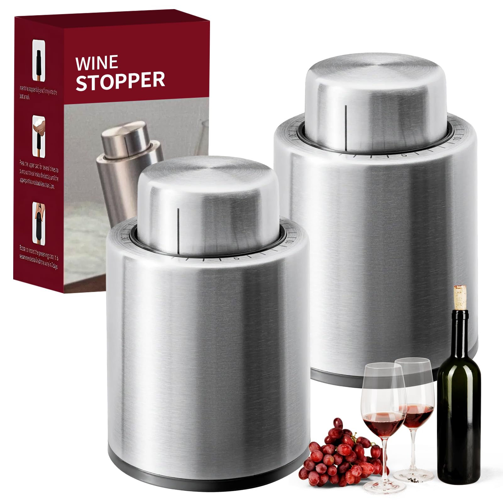 Woobroo 2 Pack Wine Stopper & Champagne Stoppers Set | Reusable Wine Saver with Date Marker | Stainless Steel Leak-Resistant Preserver for Wine & Sparkling, Silvery