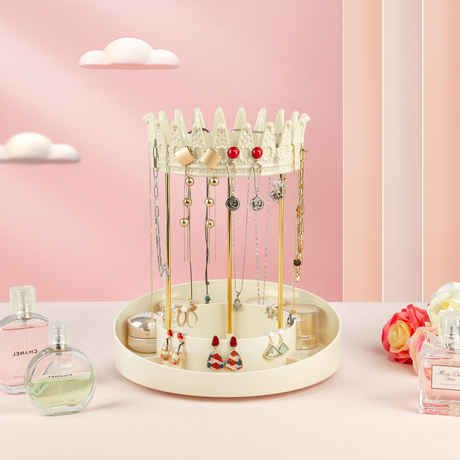 CECOLIC 360° Rotating Jewelry Organizer Jewelry Display Stand, Crown-Shaped Necklace and Bracelet Hanging Organizer, Jewelry Tower Rack Watch Holder for Women Girls (Cream White)