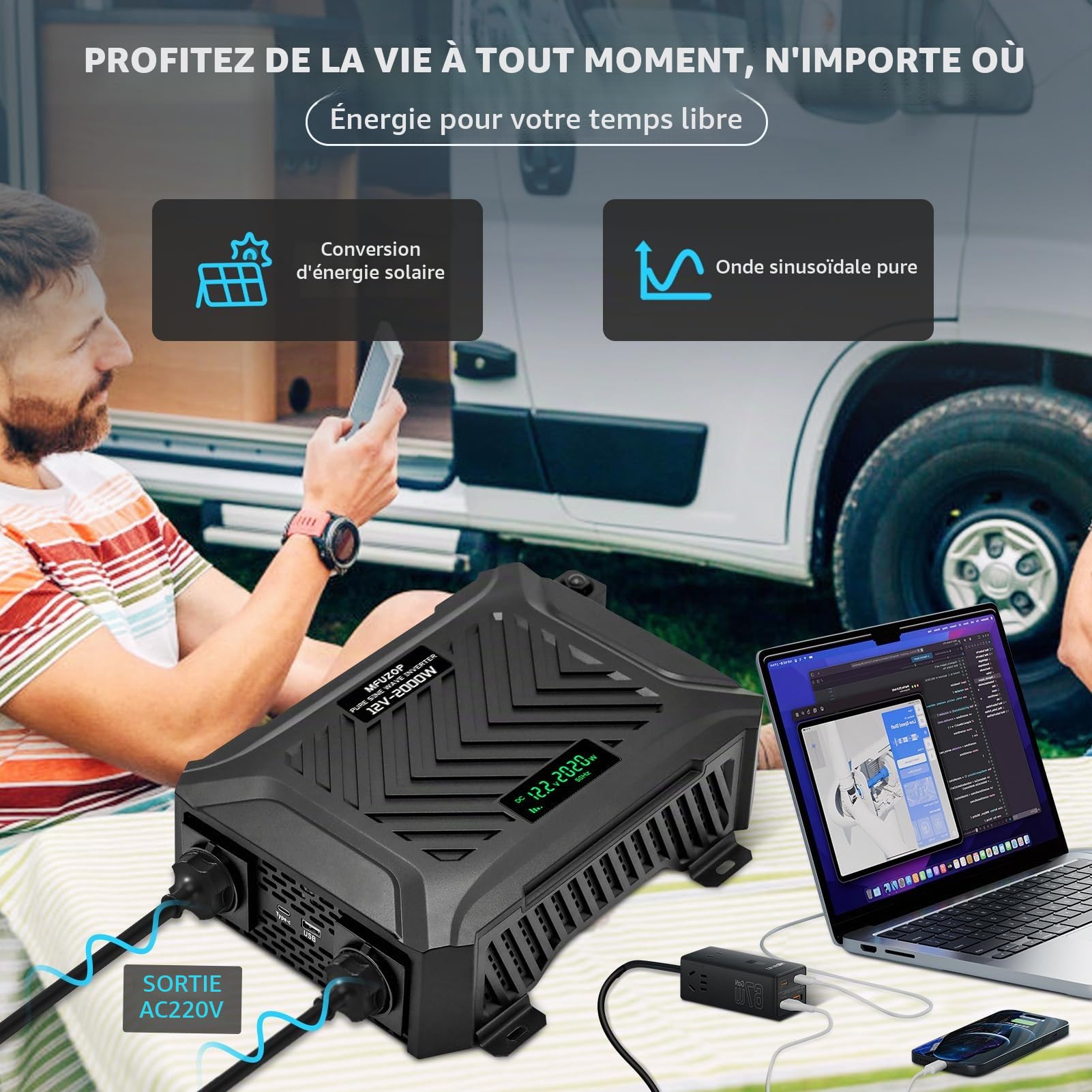 2000W Convertisseur Pur Sinus 12V 220V/230V (4000W Crête), Transformateur avec 2 Prises EU, 1 Type-C, 1 USB 2.1A, Onduleur à Onde Sinusoïdale Pure pour Camping-Car Camion Solaire