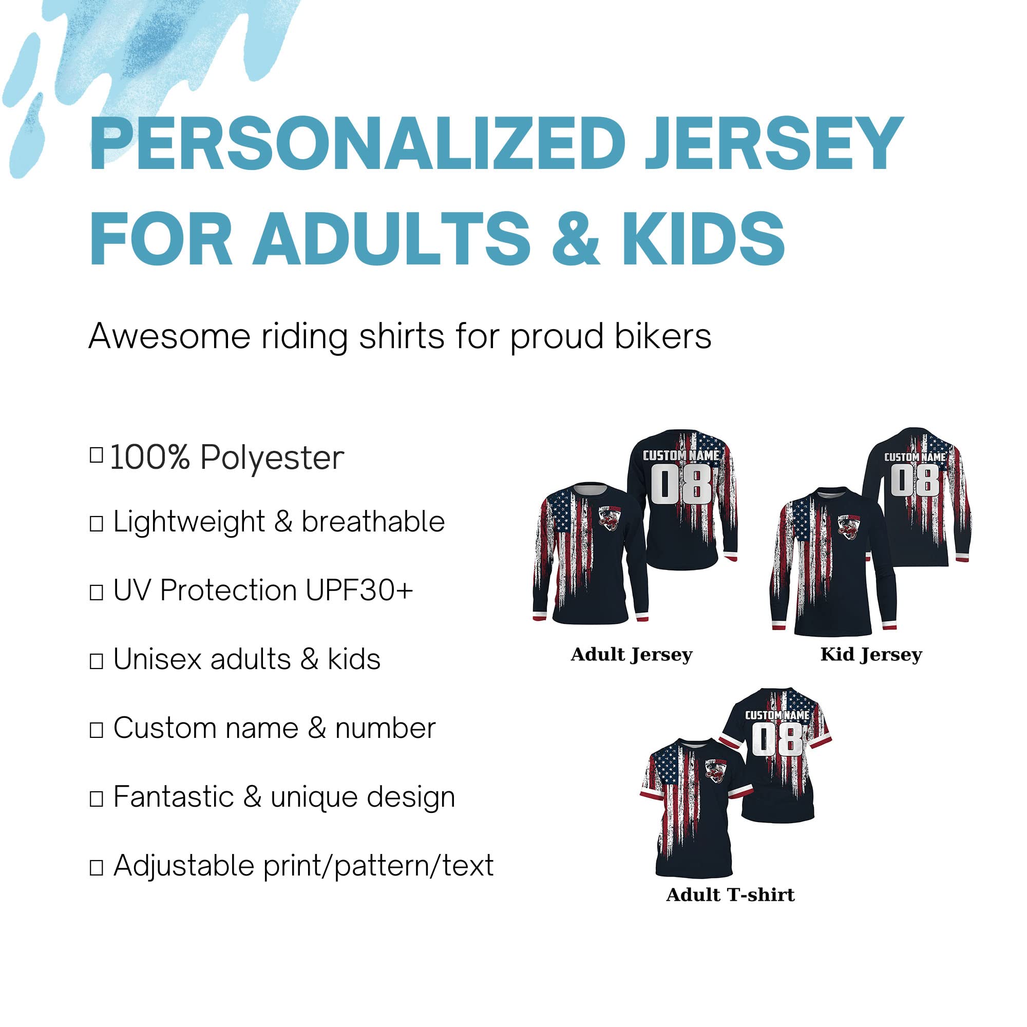 Custom Number&Name MX Dirt Bike Racing Jersey American Flag Motocross Youth Men Women UPF30+ Off-Road Motorcycle PDT168