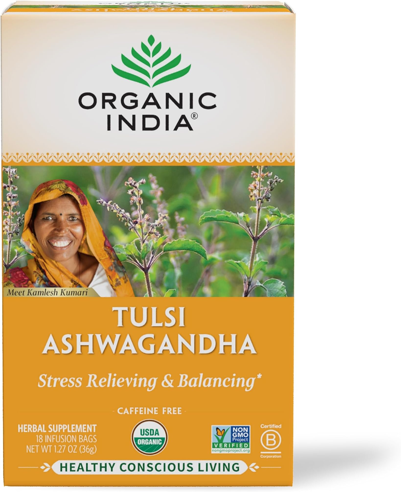 – Organic India, Tulsi Tea, Ashwagandha, Caffeine-Free, 18 Infusion Bags, 1.27 oz (36 g)