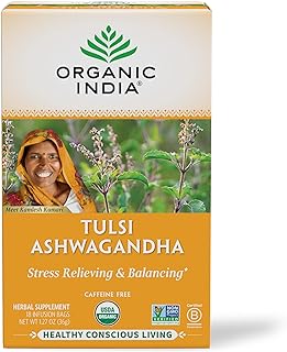 ORGANIC INDIA Calming Tulsi Ashwagandha Tea - Organic Tea Bags, Holy Basil Tea, Vegan, USDA Certified Organic, Non-GMO, Caffeine Free Tea - 18 Infusion Bags, 1 Pack