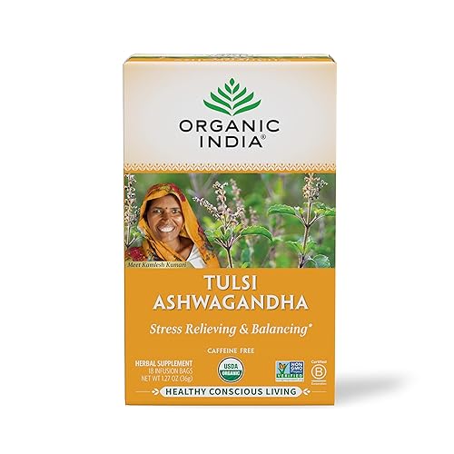 Organic India Té de hierbas Tulsi calmante - Ashwagandha, manzanilla miel, sueño, adapttógeno, vegano, sin gluten, certificado orgánico USDA, sin