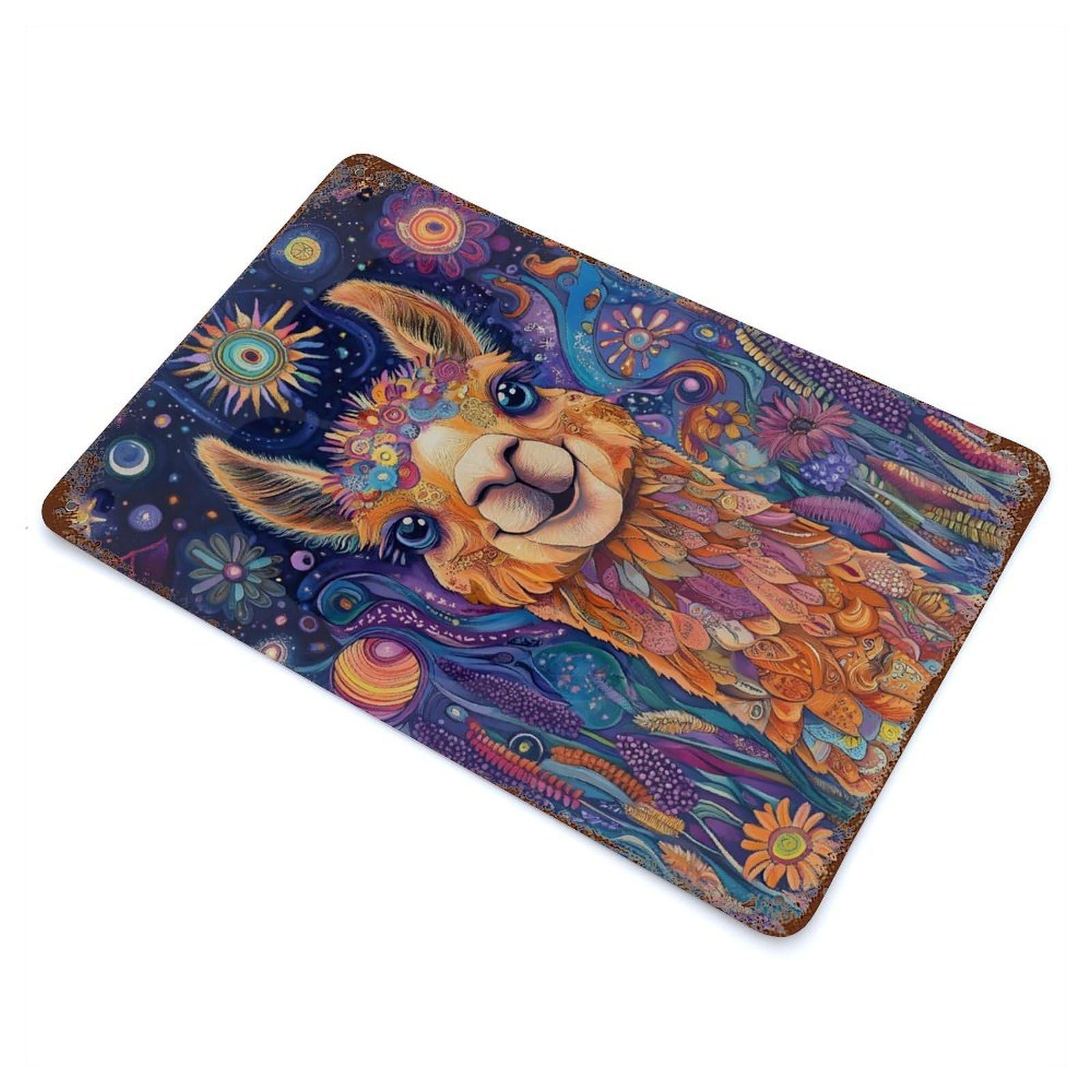 Rust Effect Psychedelic Llama in Blooming Meadow – Sunrise Fantasy Wall Art Rusty Metal Tin Sign 11.8"x7.9", Farmhouse Wall Decor for Shed, Workshop And Garage Wall Decor