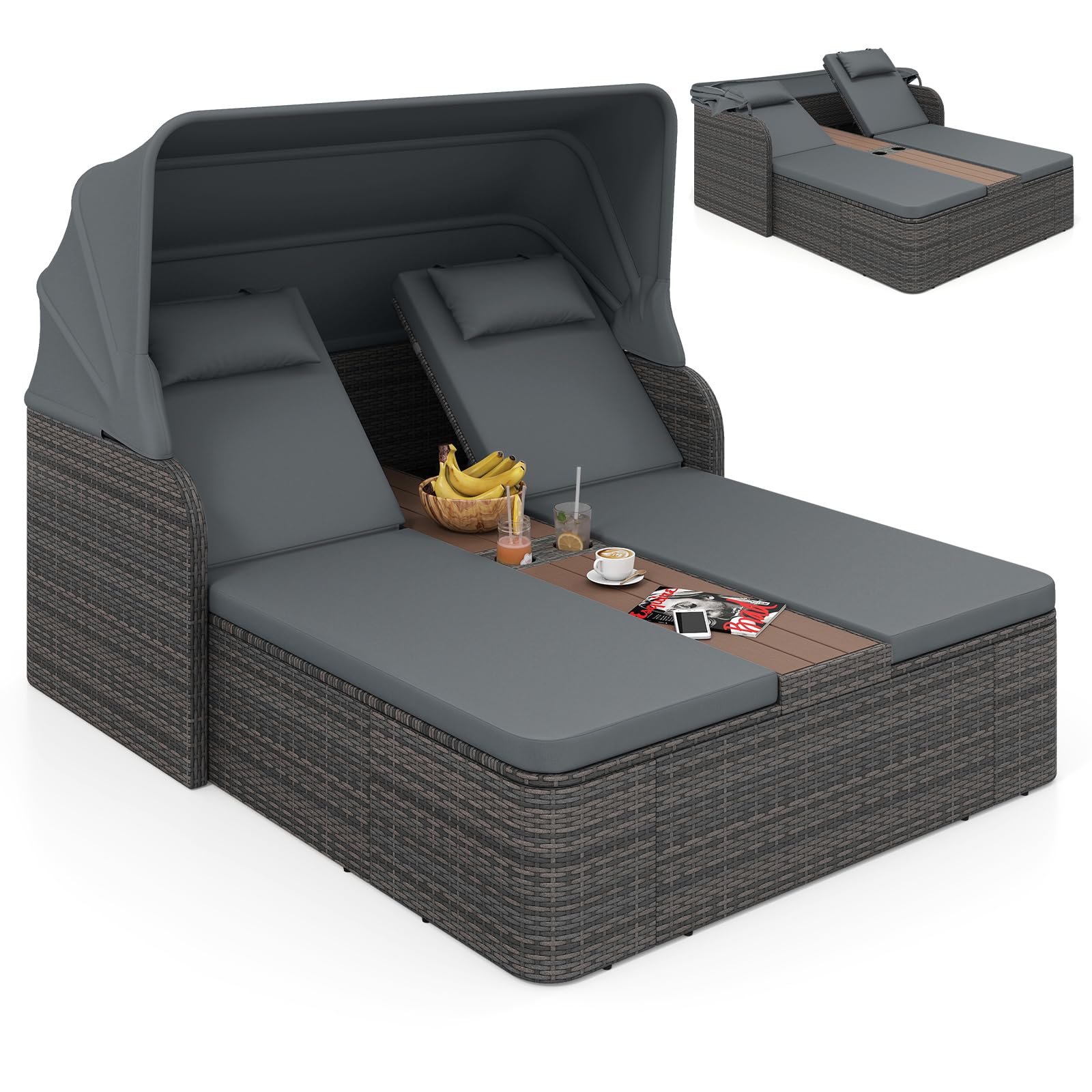 COSTWAY Letto Prendisole Matrimoniale per 2 Persone, Lettino da Giardino in Rattan con Tetto Retrattile e Schienali Regolabili, Isola Prendisole con Tavolino e Portabicchieri per Relax (Grigio)