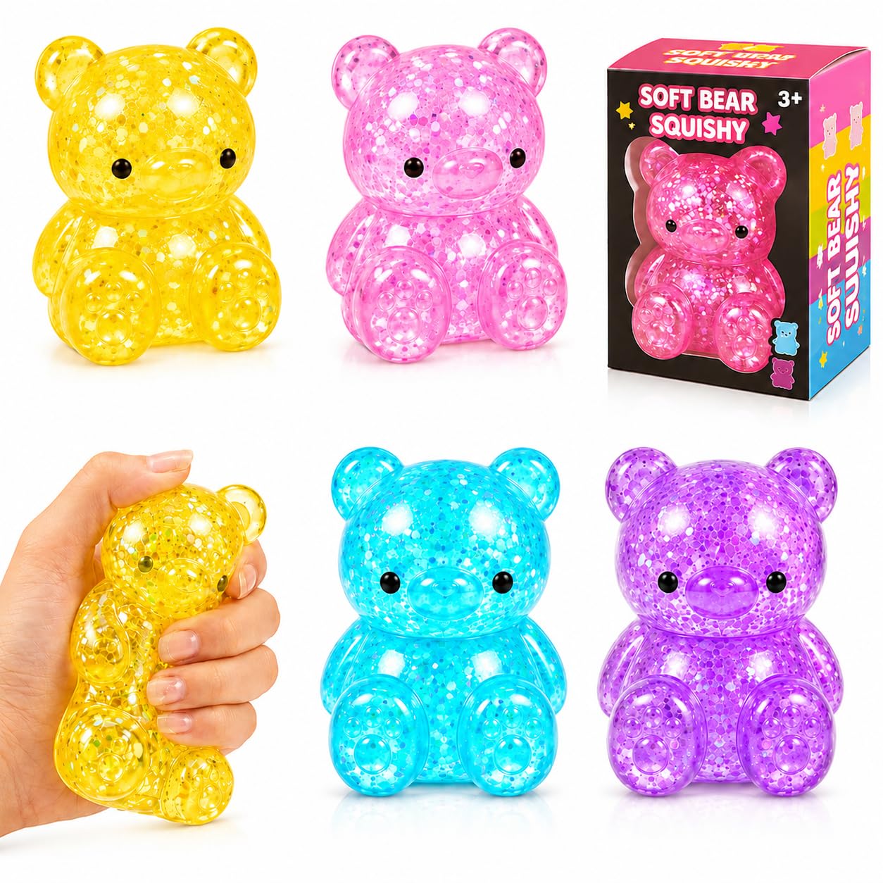 4pcs Squishy,Gummy Bear Squishies,Kawaii Stress Fidgets Sensory Squeeze Toys for Kids,Stretchy Pull Toy for Kawaii Desk Decor,Birthday Party Favors,Classroom Prizes