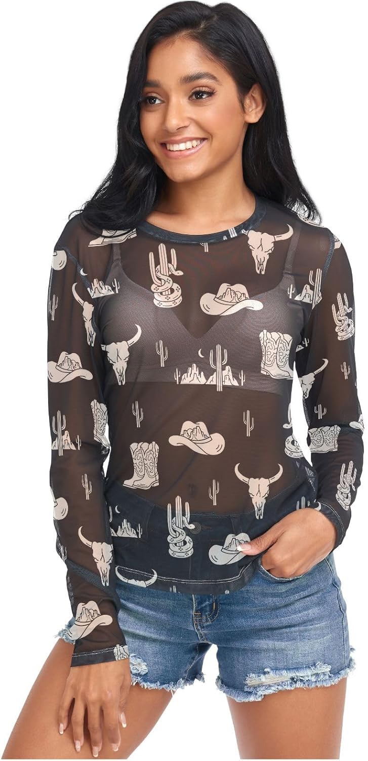 Women's Mesh Long Sleeve Top Trendy Sheer Tops See Through Shirt Tops S-2XL - Image 4