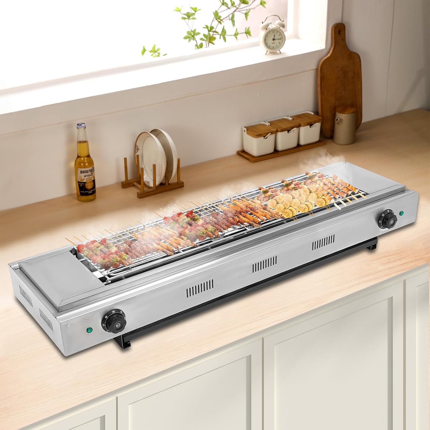 Electric Grill Countertop Barbecue Grill Stainless Steel BBQ Griddle Oven for Indoor Outdoor Cooking Parties Camping Restaurants Patios, Adjustable Temperature (Silver, 42.5x12.5x6.1in)