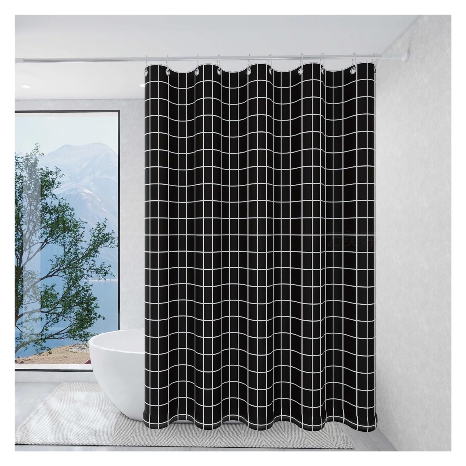 PIGENEQW Shower Liner Cloth Waterproof Black Grid Polyester Shower Curtain for Bathroom Decoration(150x180cm)