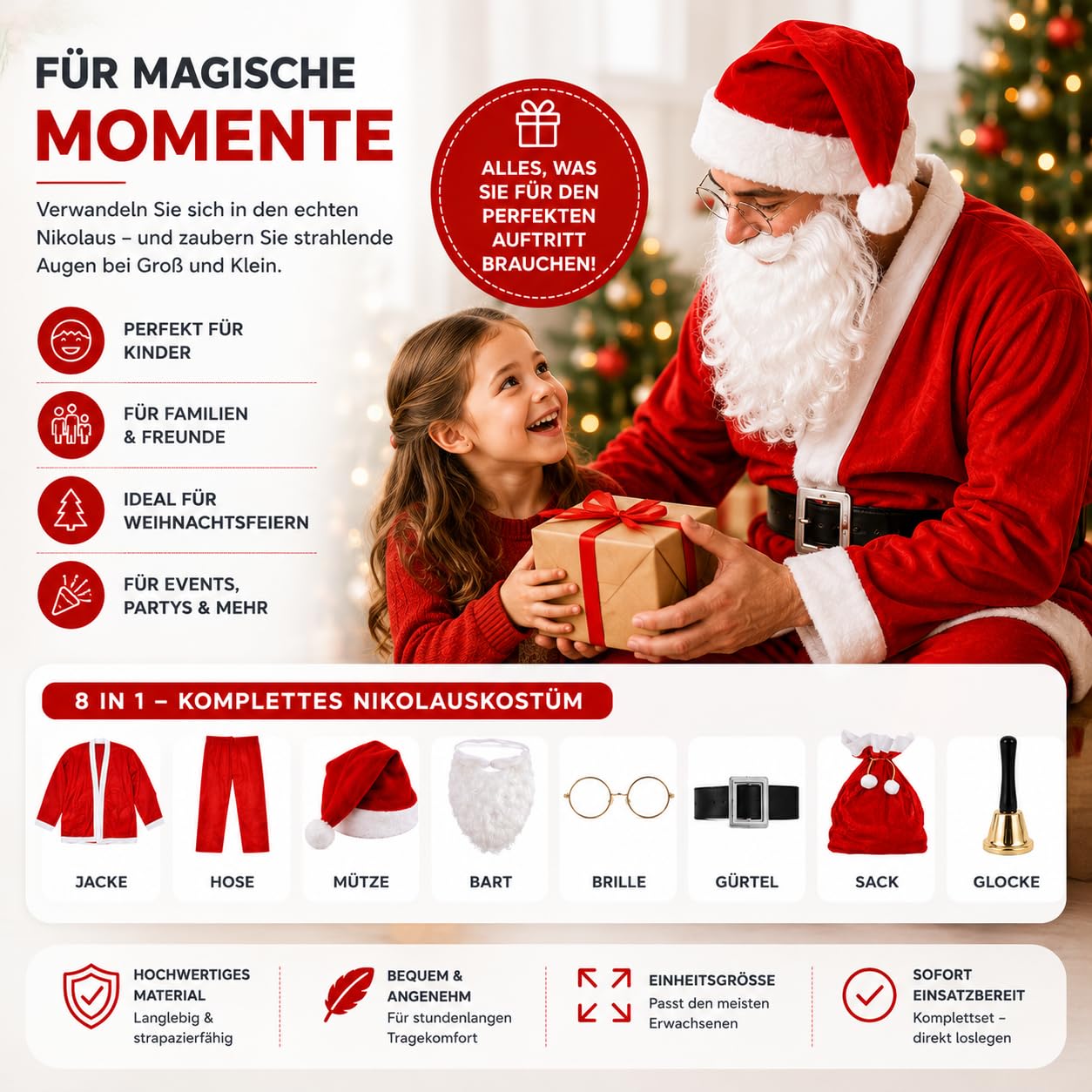 FASCHINFEVER 8 in 1 Set Santa Claus - Weihnachtsmannkostüm & Nikolauskostüm - für Weihnachten - Kostüm für Nikolaus - Weihnachtsmann - Herren & Erwachsene