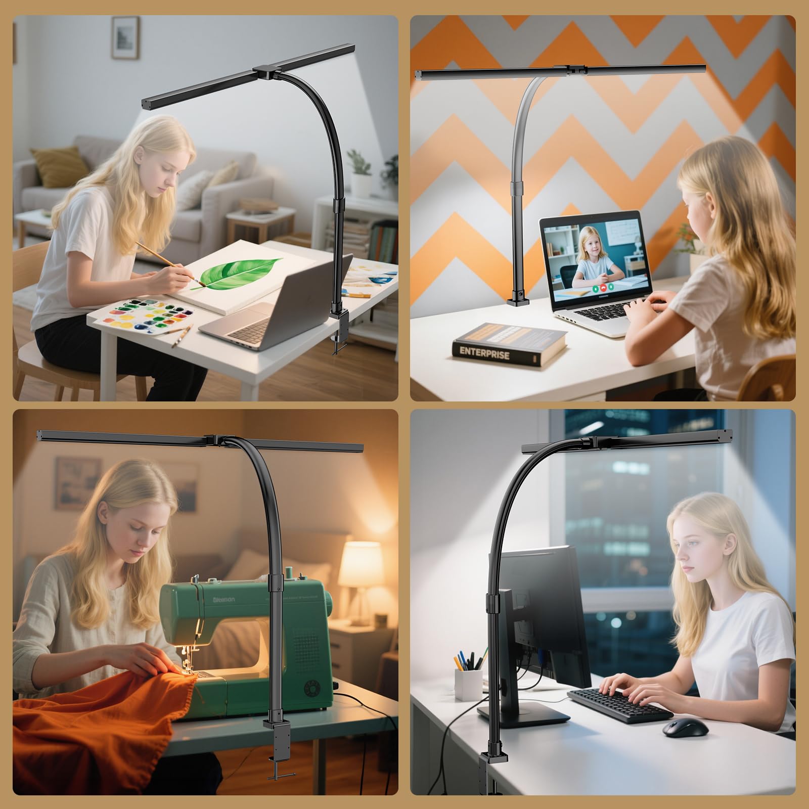 EUARY Lámpara de escritorio de 1300 lm, doble cabeza, LED, regulable, mando a distancia, 24 W, 80 cm, con abrazadera, lámpara de mesa, lámpara de luz diurna, para oficina en casa (Negro puro, Negro)