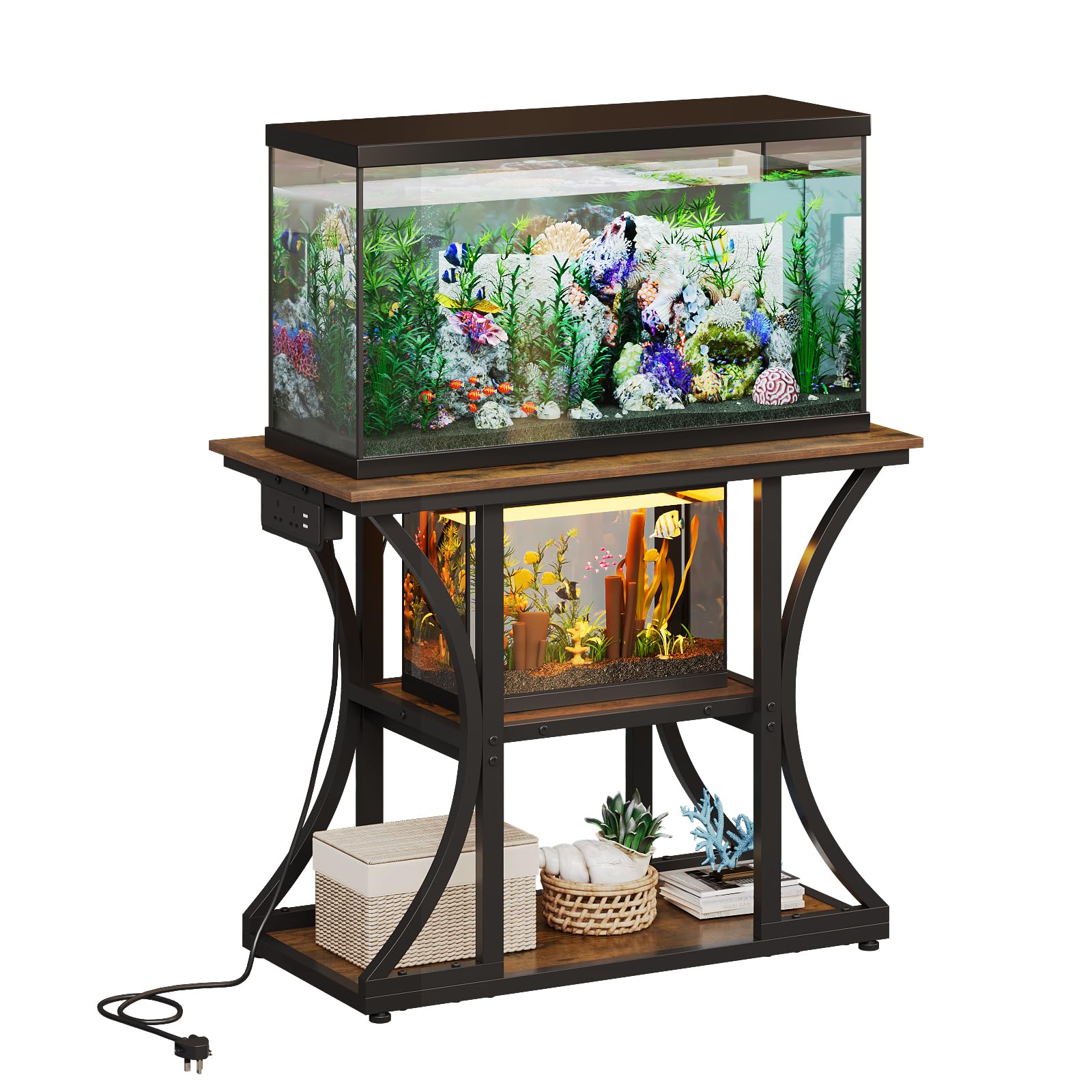VEDECASA Fish Tank Stand for 50 Gallon Aquarium, Rustic Brown Aquarium Cabinet with Power Outlets, 3-Tier Storage Shelves and Heavy Duty Metal Frame for Fish Tanks, Reptiles & Terrariums
