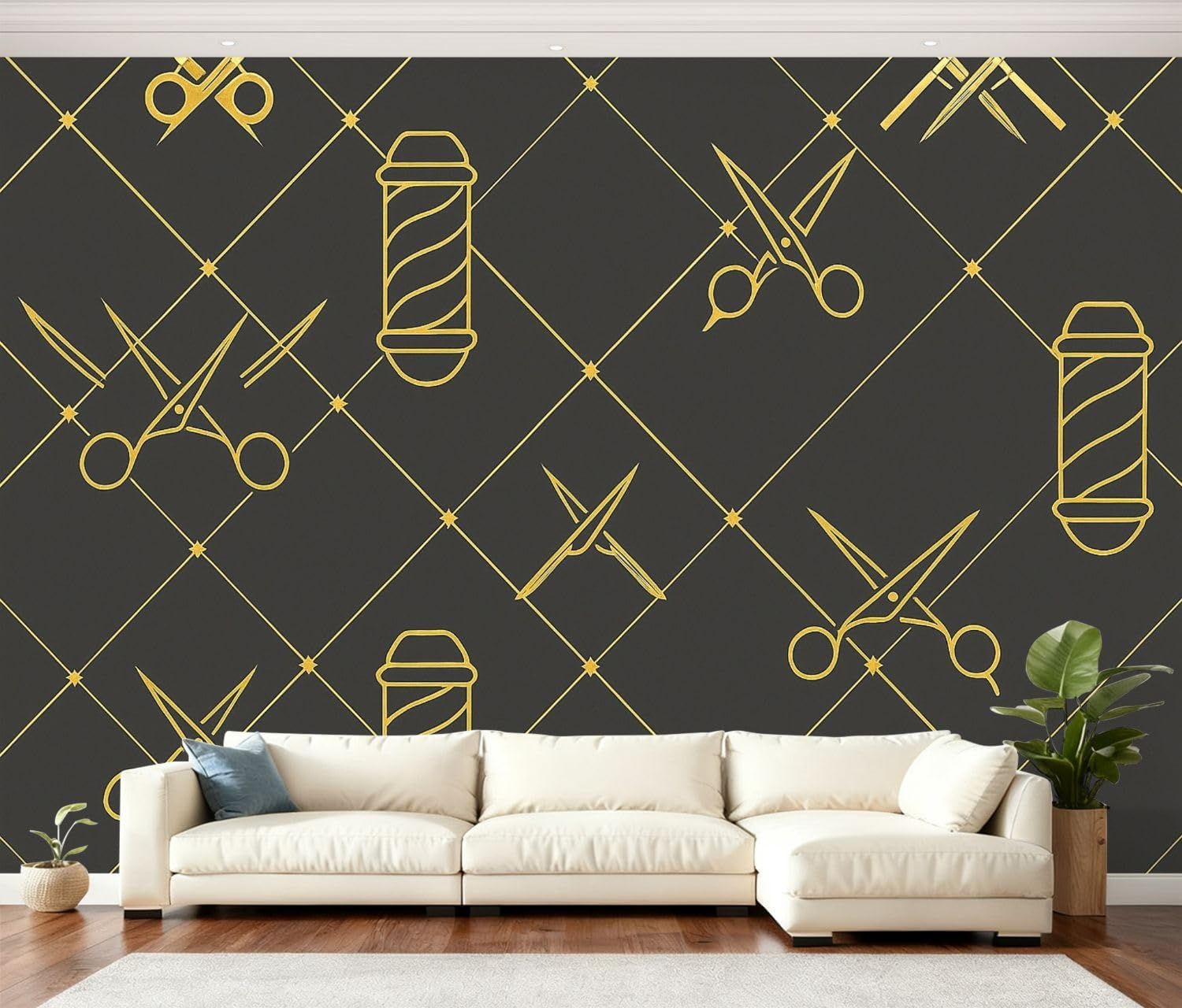 Wall Mural Peel and Stick Barbershop Seamless Barber Pole Hairdressing Scissors Wallpaper Self Adhesive Removable Large Wall Stickers Home Decor for Living Room Bedroom 100"x144"