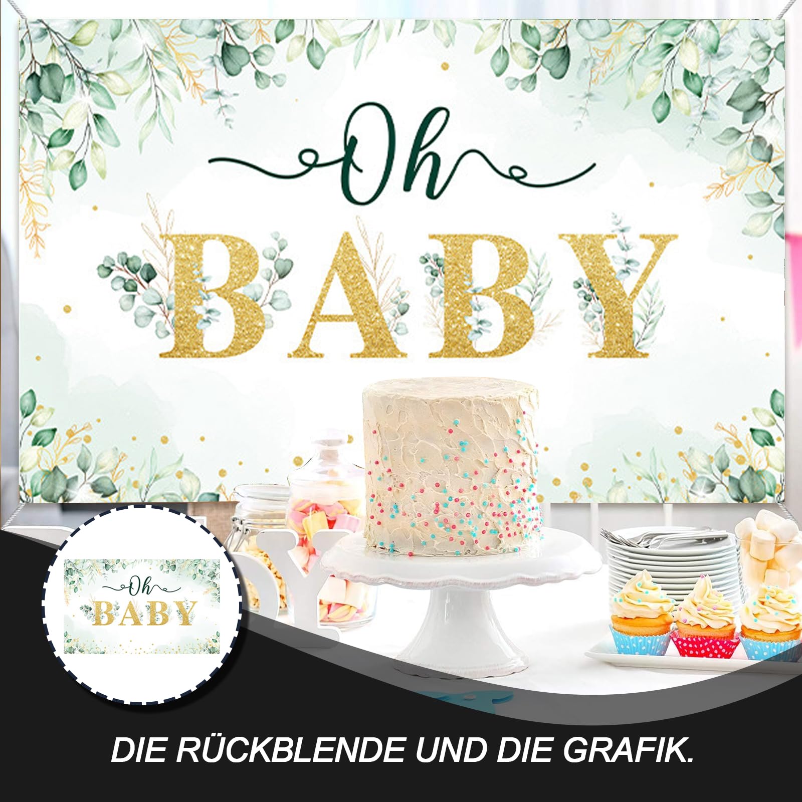 Baby Shower Backdrop Banner 1.8x1.1m Baby Shower Decorations Stunning Hello Baby Backdrop Gold Eucalyptus Greenery Leaves Gender Neutral Photography Background for Newborns Baby Showers - Image 4