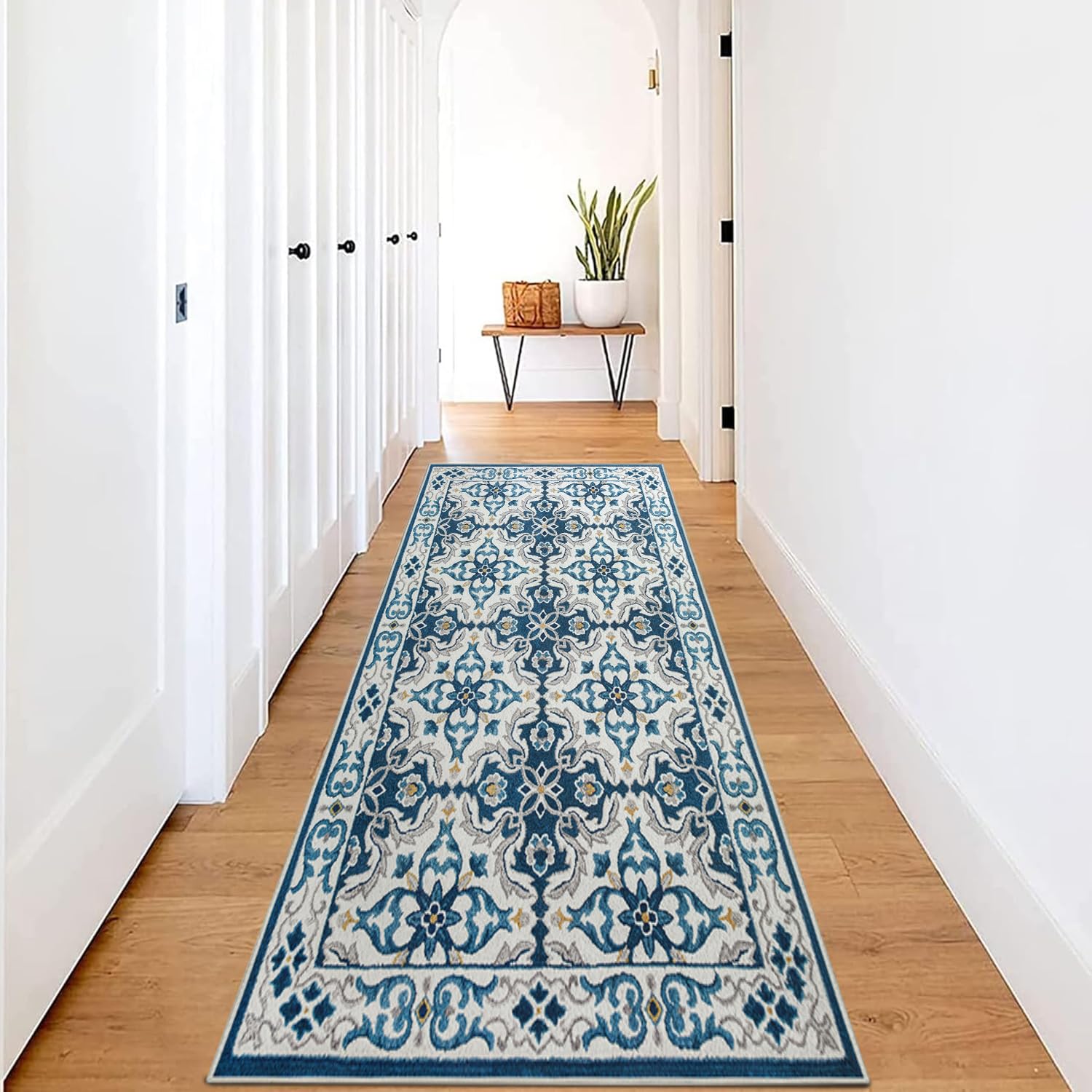 Hafaa Carpet Runners for Hallway Non-Slip 80 x 150 cm - Traditional Pattern Printed Design Bedroom Blue Bedside Carpets for Kitchen, Lounge (LUNA) — image 1