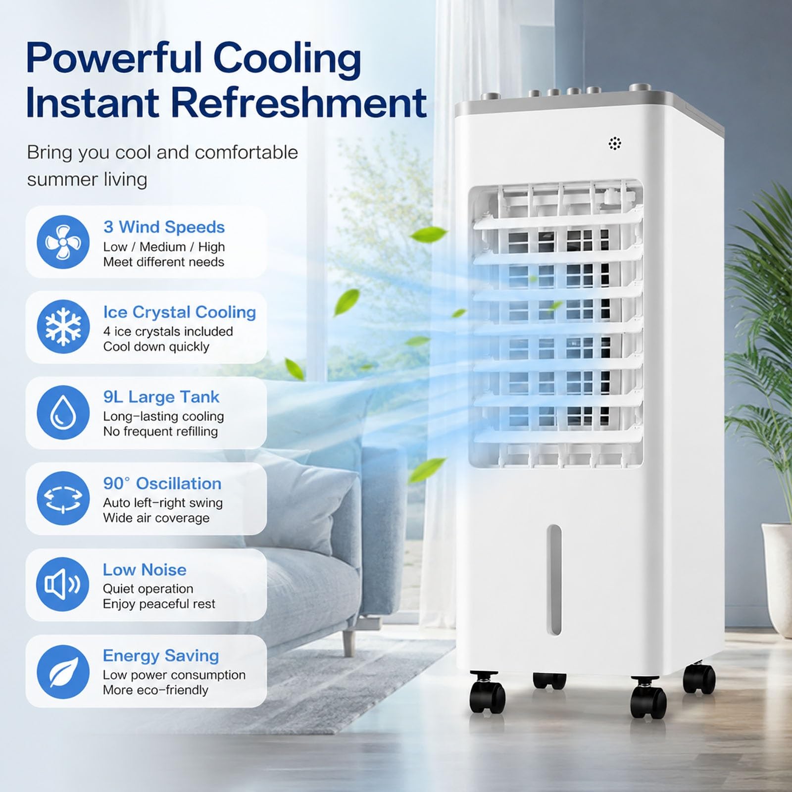 Climatizador Evaporativo 9L, Aire Acondicionado Portátil sin Tubo con Perillas Mecánicas, 90° Oscilación, 4 Acumuladores de Hielo para Hogar
