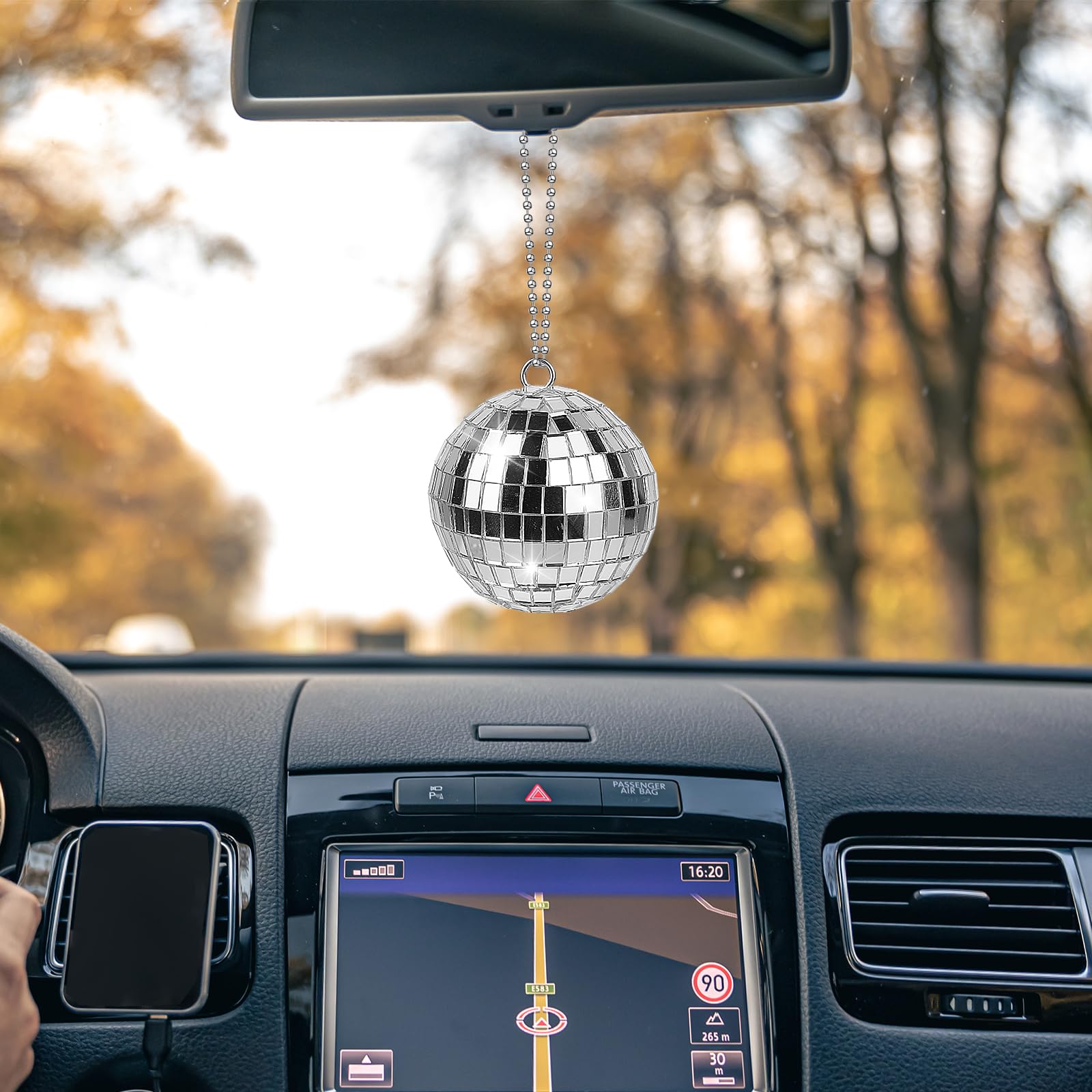 Disco Ball Car Accessory, Mirror Hanging With 2M String, Bling Charm, Rear View Mirror Accessories (Silver, 2.36inch)