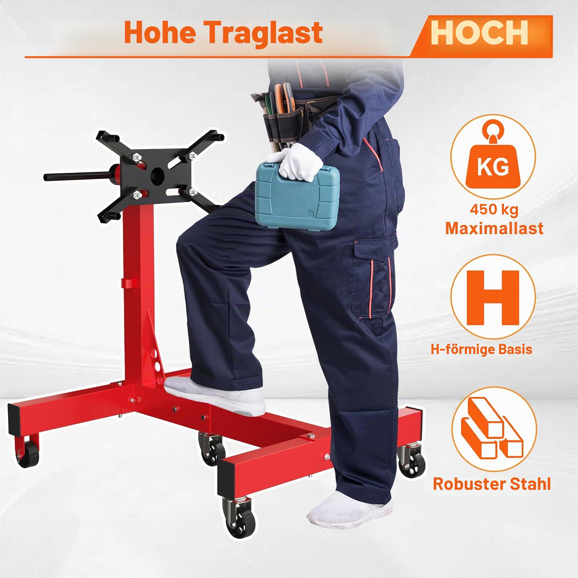 UISEBRT Motorständer kfz bis zu 680kg,klappbar Motorheber mit 360° drehbarem Kopf und 4 verstellbaren Armen,Motorhalter Getriebehalter mit 5 Rollen & rutschfestem Griff für Garagen & Werkstätten