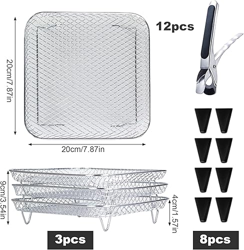 Miniatura 2 de Estante para freidora de aire, 3 capas de acero inoxidable, estante apilable para freidora de aire con 8 pies de silicona para horno, olla de