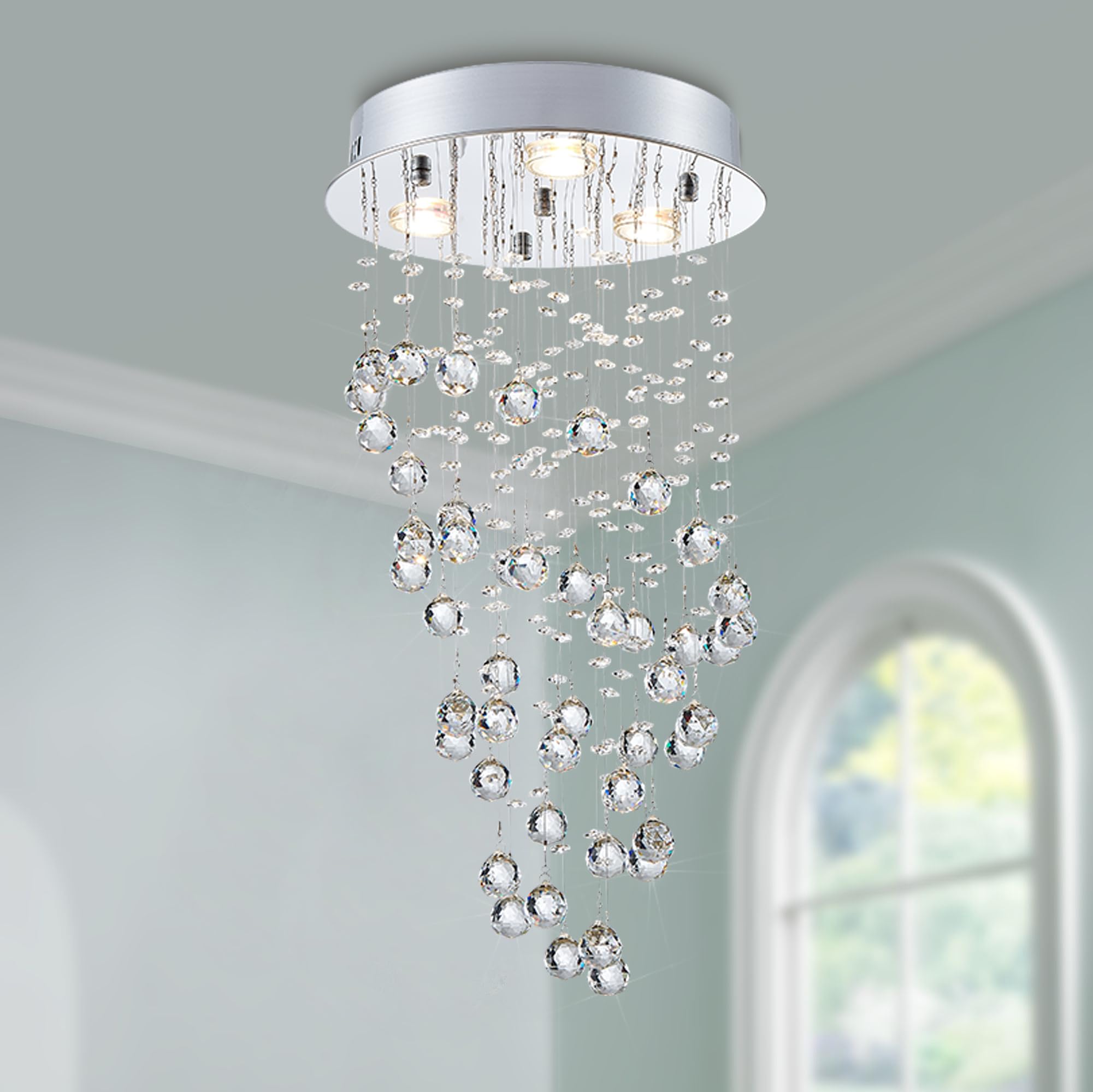 Crystal Ceiling Light Flush Mount, Raindrop Chandelier, Small 3-Light with Metal Base and Crystal Pendant for Dining Room Bathroom Bedroom Living Room, Requires 3 GU10 Bulbs, 12.6 Inch