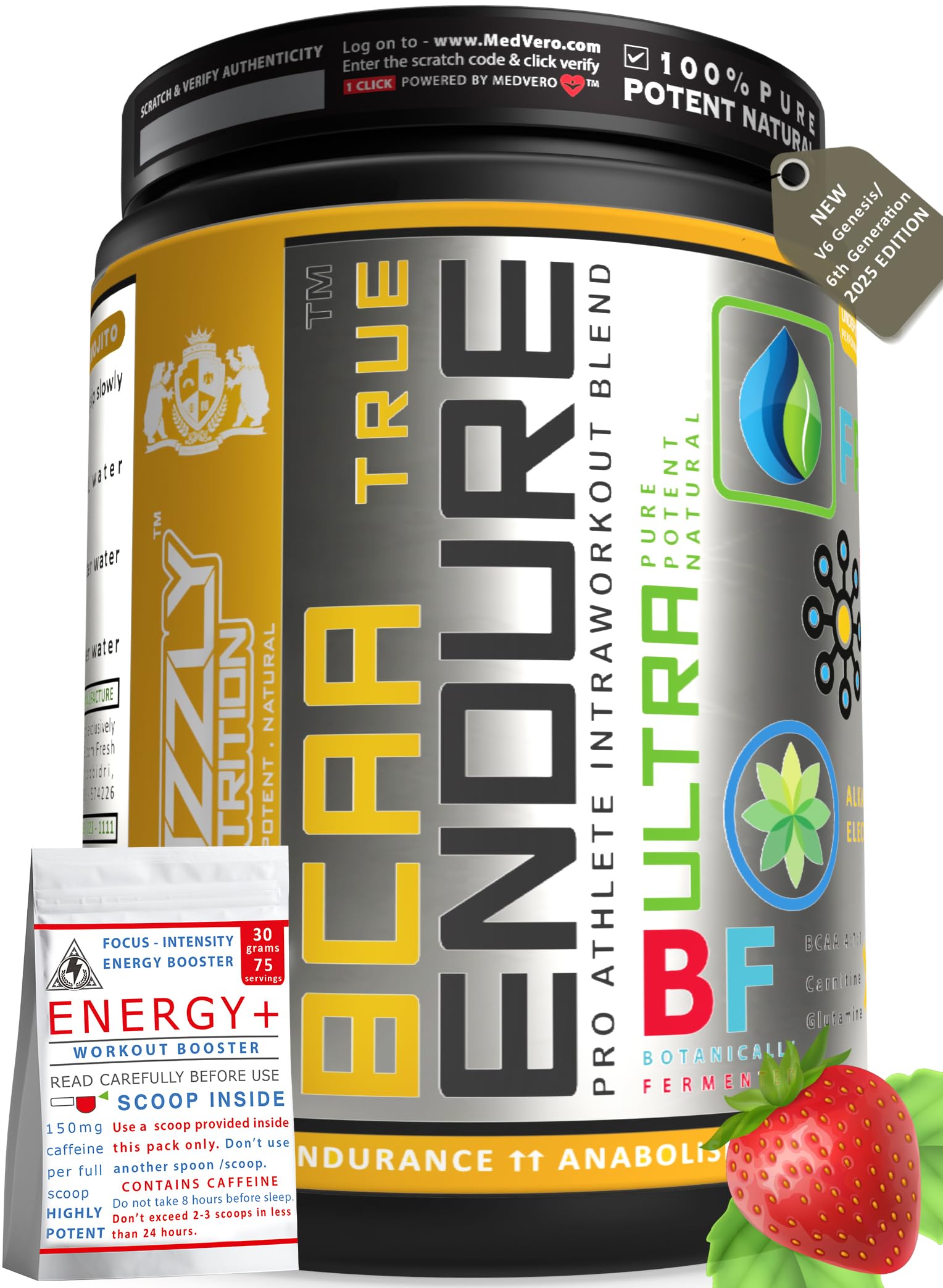 True Endure -Bcaa 4:1:1 Pro Ratio (v6 genesis/6th gen2025) 300 grams upto 60 servings, 12+ vitality boosters, Energy+ prebooster 75 servings - Platinum grade (Spanish Strawberry)