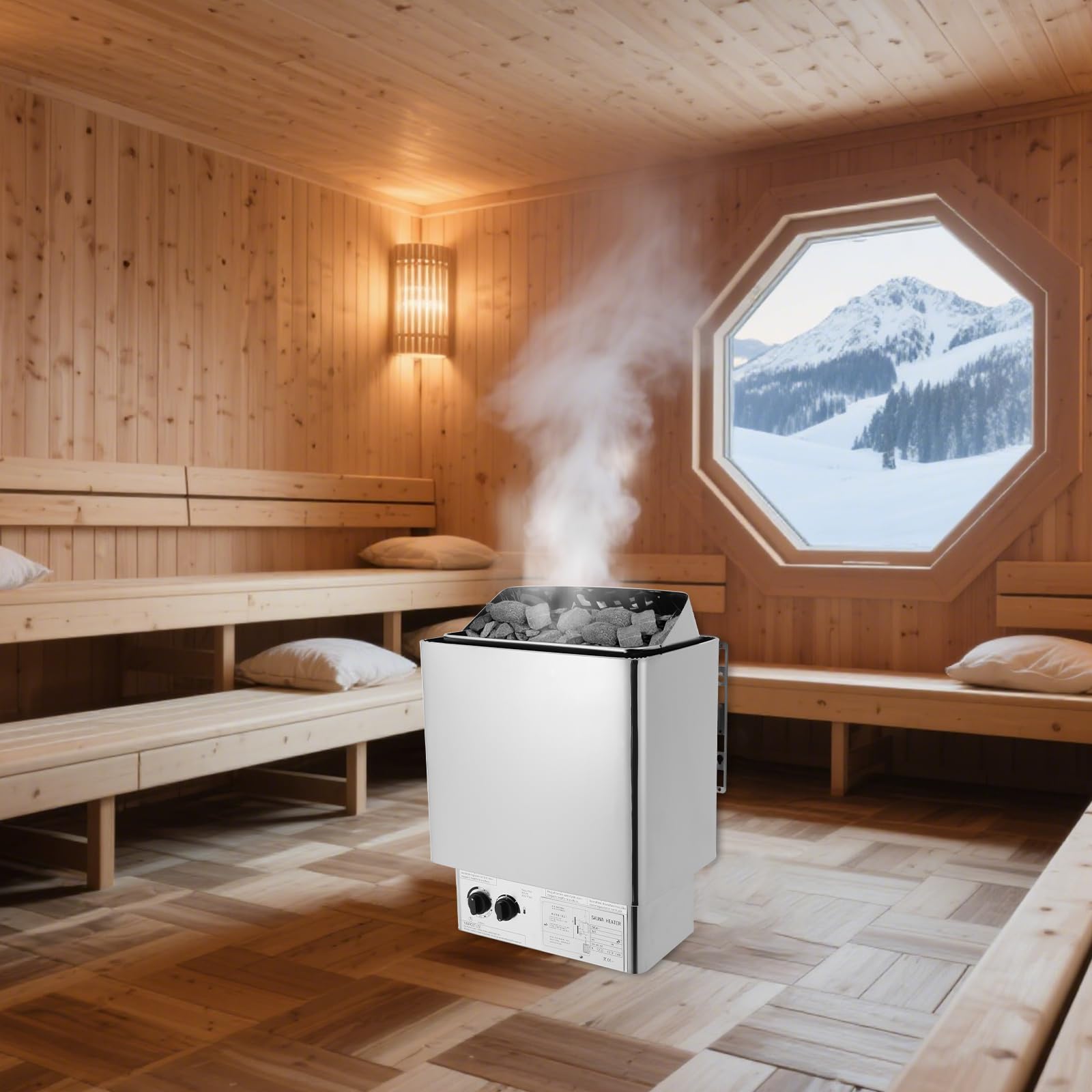Piec do sauny 9 kW, stal nierdzewna, elektryczna, sucha sauna parowa ze zintegrowanym sterowaniem i zabezpieczeniem przed przegrzaniem, 9 m³, do sauny domowej/hotelowej/spa/prysznica, montaż na