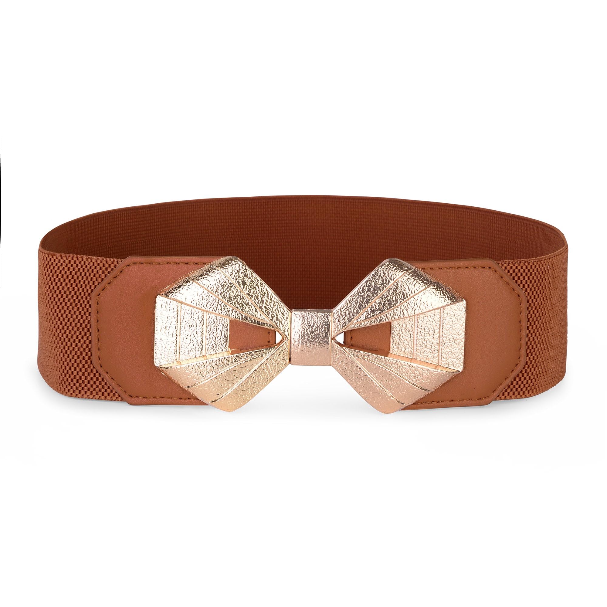 Blackbutterfly Women's Light Brown Wide Elastic Cinch Stretch Waistband Retro Gold Bow Buckle Waist Belt (, Xxl)
