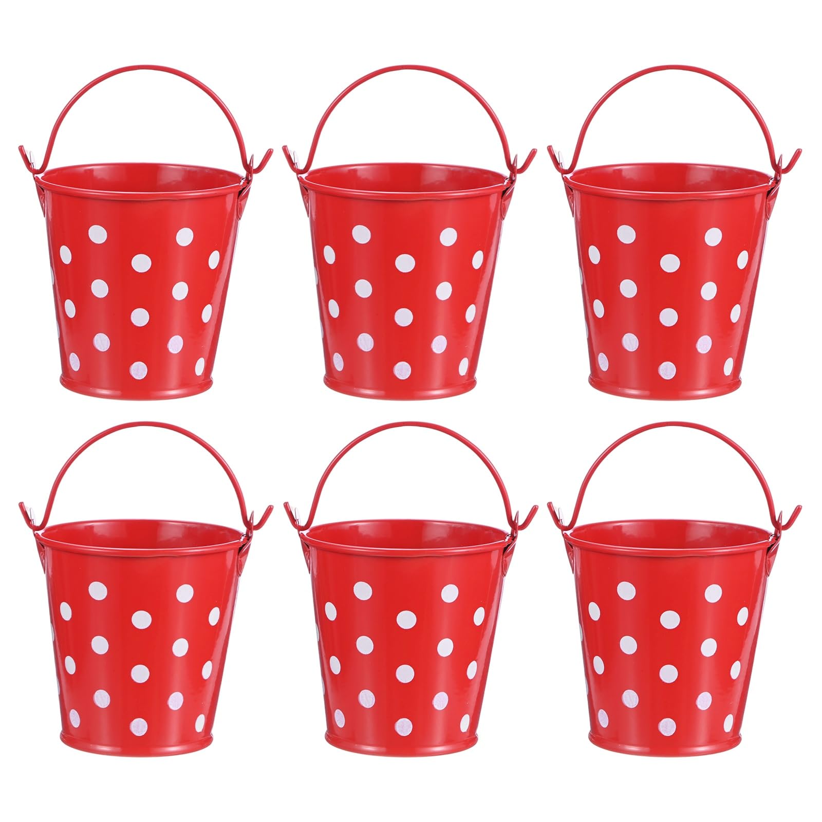 M METERXITY 6-Pack Small Metal Bucket with Handle, 2.8 x 2.8 Inch Iron Mini Buckets for Farmhouse Flower/Garden Planters/Decorative Table Centerpieces [Polka Dots, Red]