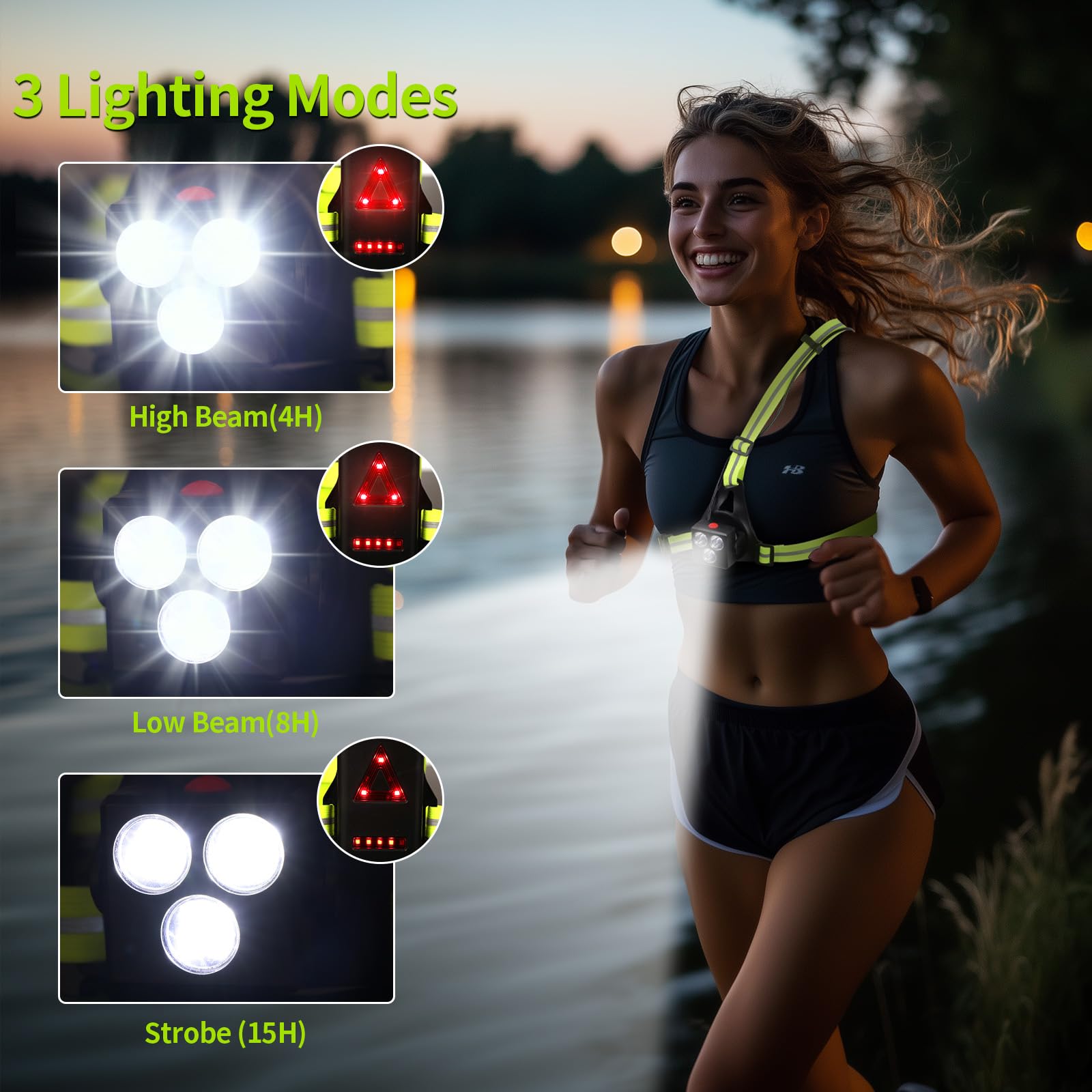 Luce Running Ricaricabile USB, 120° Luce Regolabile, 500 Lumen, Lampada Corsa con Nastro Riflettente per Jogging, Campeggio, Sport all'Aria Aperta