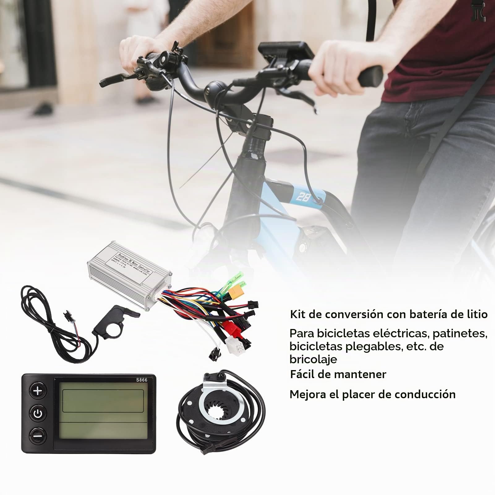 BuyWeek Kit de Controlador de Motor Onda Sinusoidal 17A para Bicicleta Eléctrica 24V 36V 48V 250W 350W con Acelerador de Pulgar LCD S866 Sensor de Asistencia