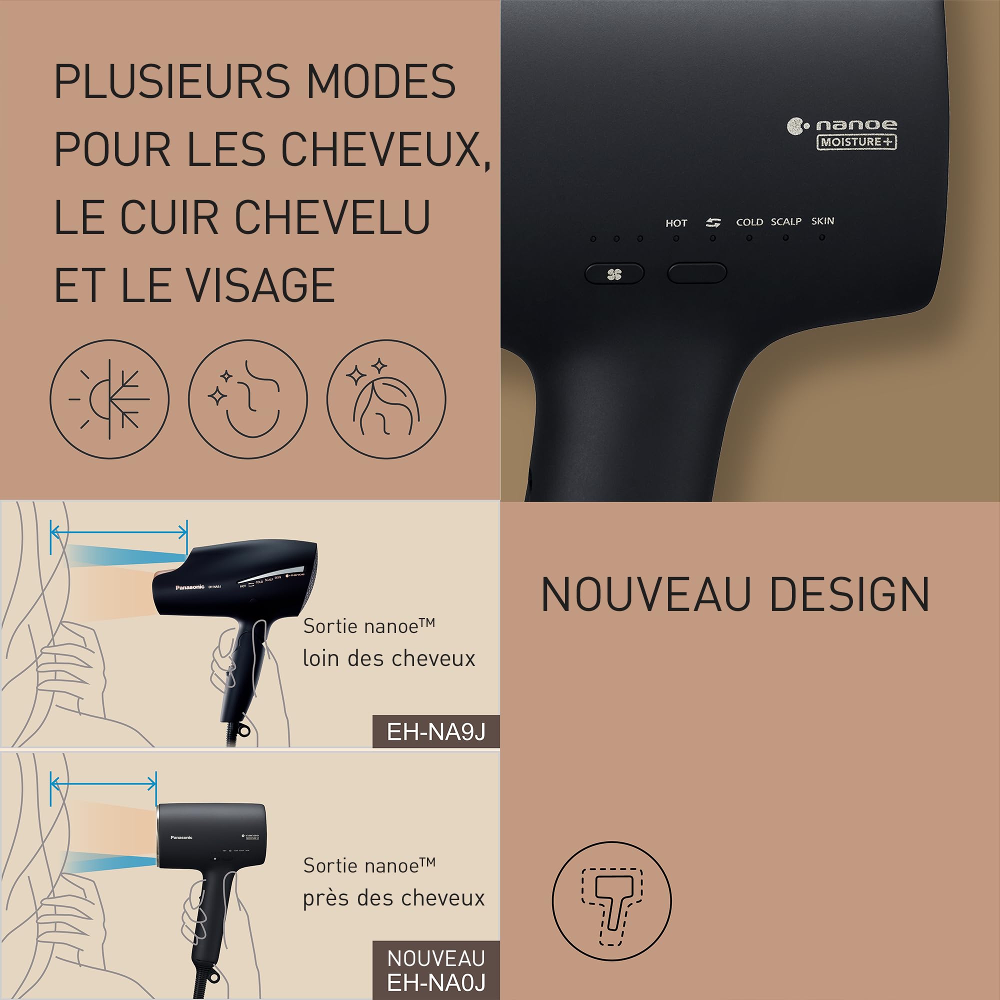 Panasonic EH-NA0J Sèche-Cheveux Nanoe MOISTURE+ Minéral Embout Concentrateur & Diffuseur, if Design Award 2023 Mode Chaud Froid, Soins De la Peau, Du Cuir chevelu et Des pointes,1600 W, Noir