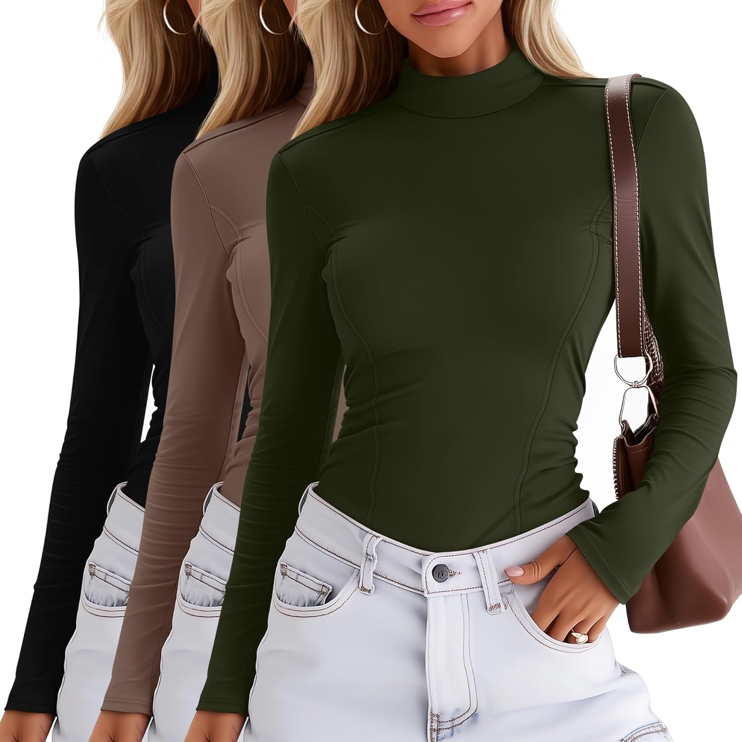 Oakgarden 3 Pack Women's Long Sleeve Mock Turtleneck Shirts, Crew Neck Slim Fit Base Layer Tops Thermal Underwears