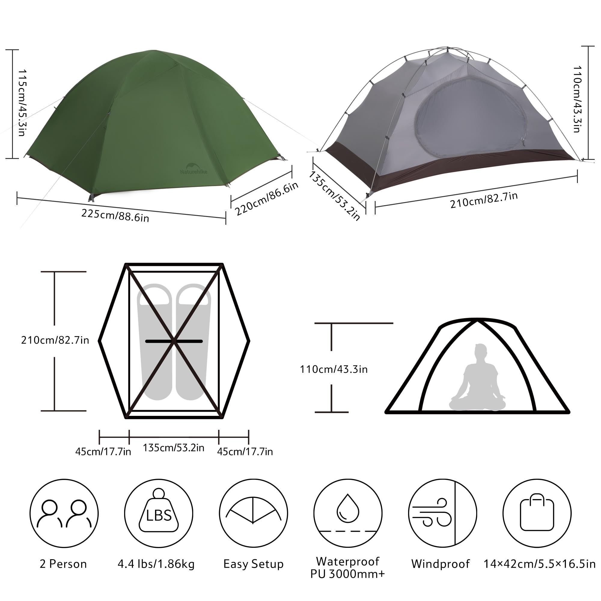 Naturehike Cloud Creek - Tenda da campeggio per 2 persone, ultraleggera, in alluminio 7001, protezione solare e impermeabile, per escursioni, avventure all'aperto (verde foresta/2 persone)