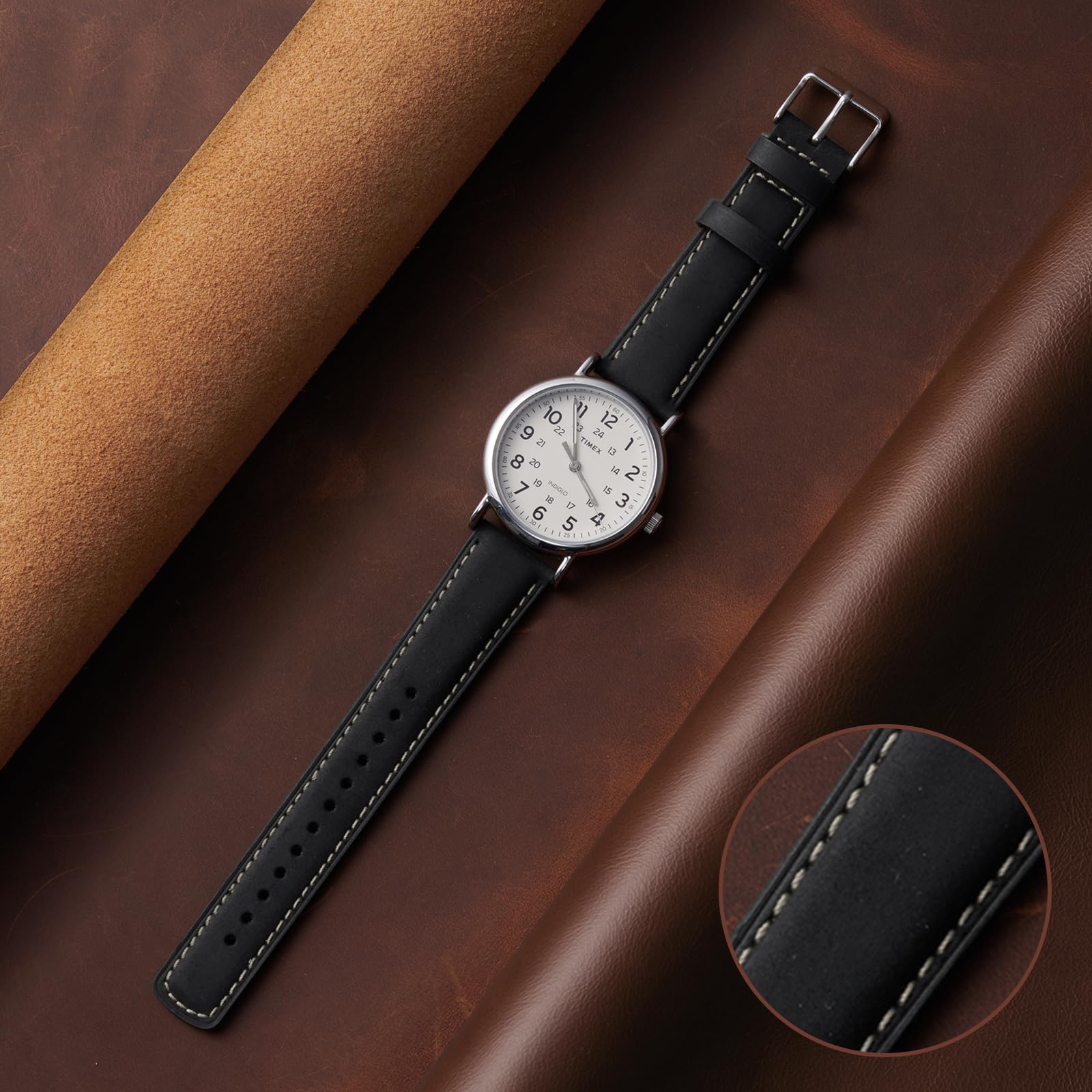 SUNFWR Quick Release Leather Watch Band 20mm for Men Women, Vintage Genuine Leather Strap for Samsung Galaxy Watch 6/Classic/Gear S3/Garmin/Huawei/Timex Watch Bands (20mm, Black/Silver)