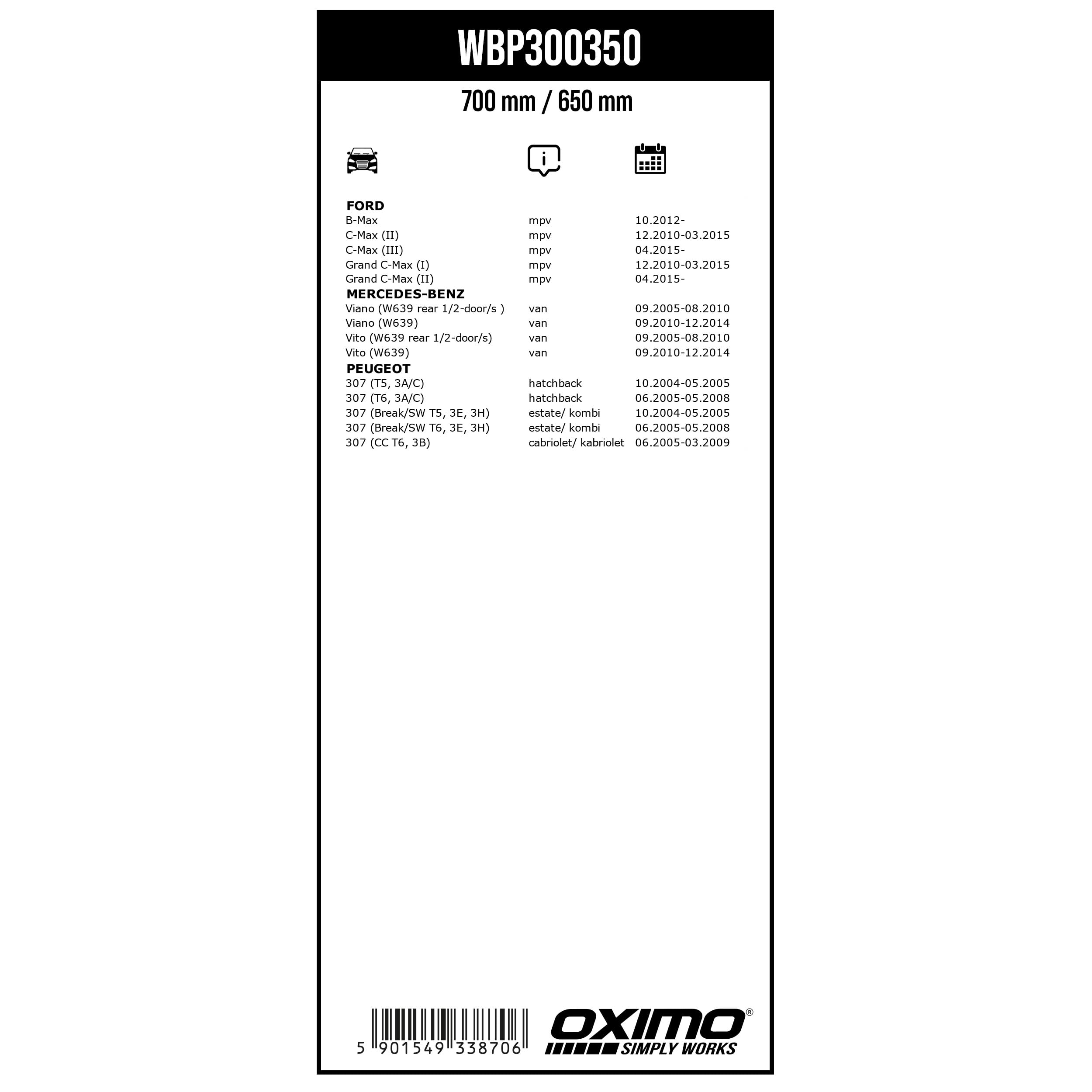 Tergicristallo Oximo WBP300350 (coppia): 700mm E 650mm, Senza Telaio, Per Ford E Peugeot