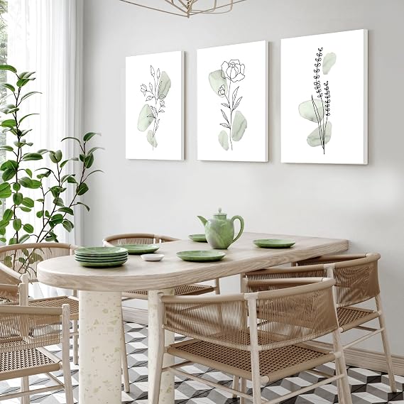 Dazzlewall 3Pcs Framed Abstract Botanical Wall Art Decor, Minimalist Sage Green Flower Line Canvas Wall Art for Bedroom Living Room Decor 12x16 in