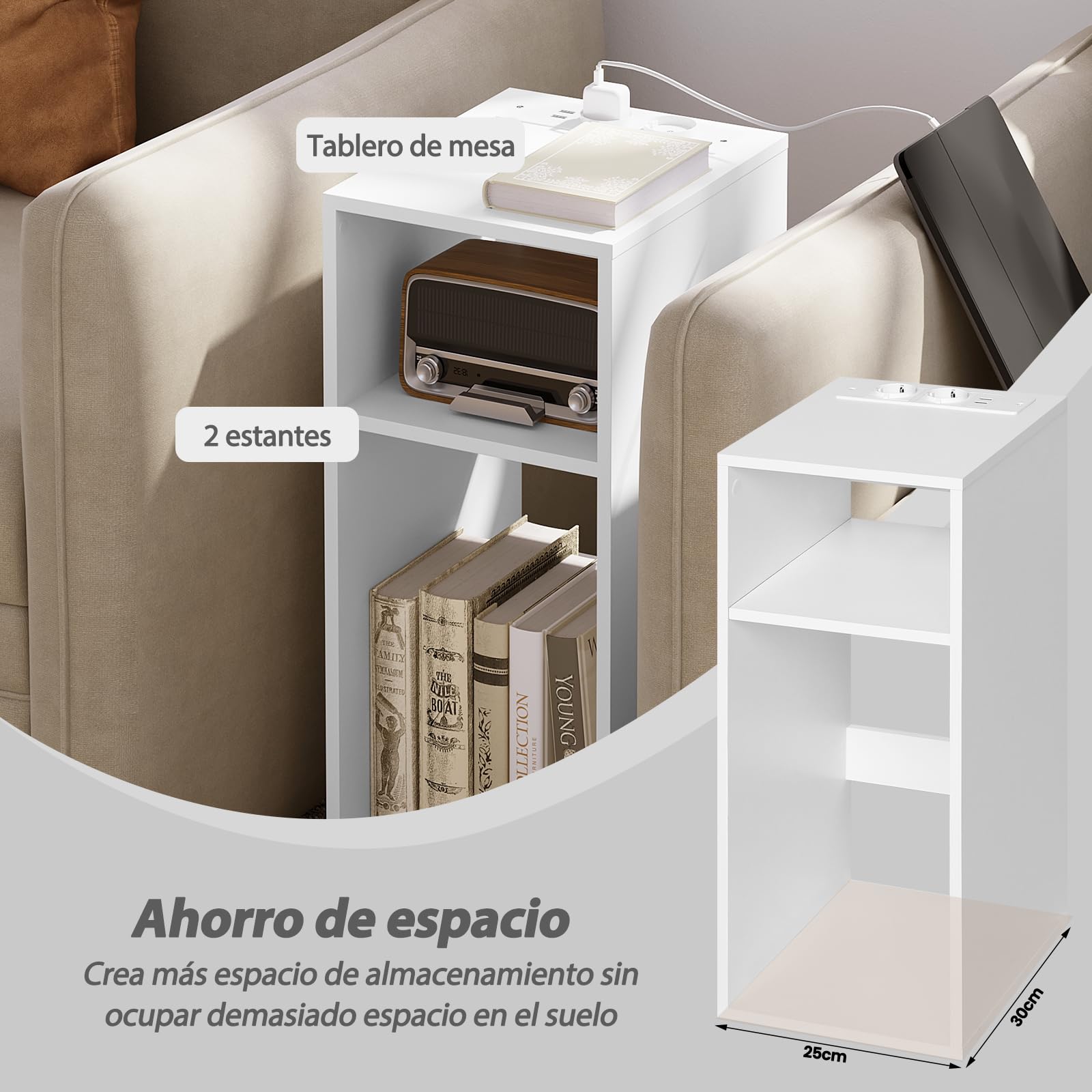 WOLTU Mesita de Noche, Mesilla de Noche con 2 Enchufes y 2 Puertos USB, Mesita Auxiliar con 2 Compartimentos Abiertos, para Salón y Dormitorio, Blanca, 25x30x60 cm, NTS06ws | Mesa auxiliar, 2 puertos USB+2 enchufes, 25 x 30 x 60 cm