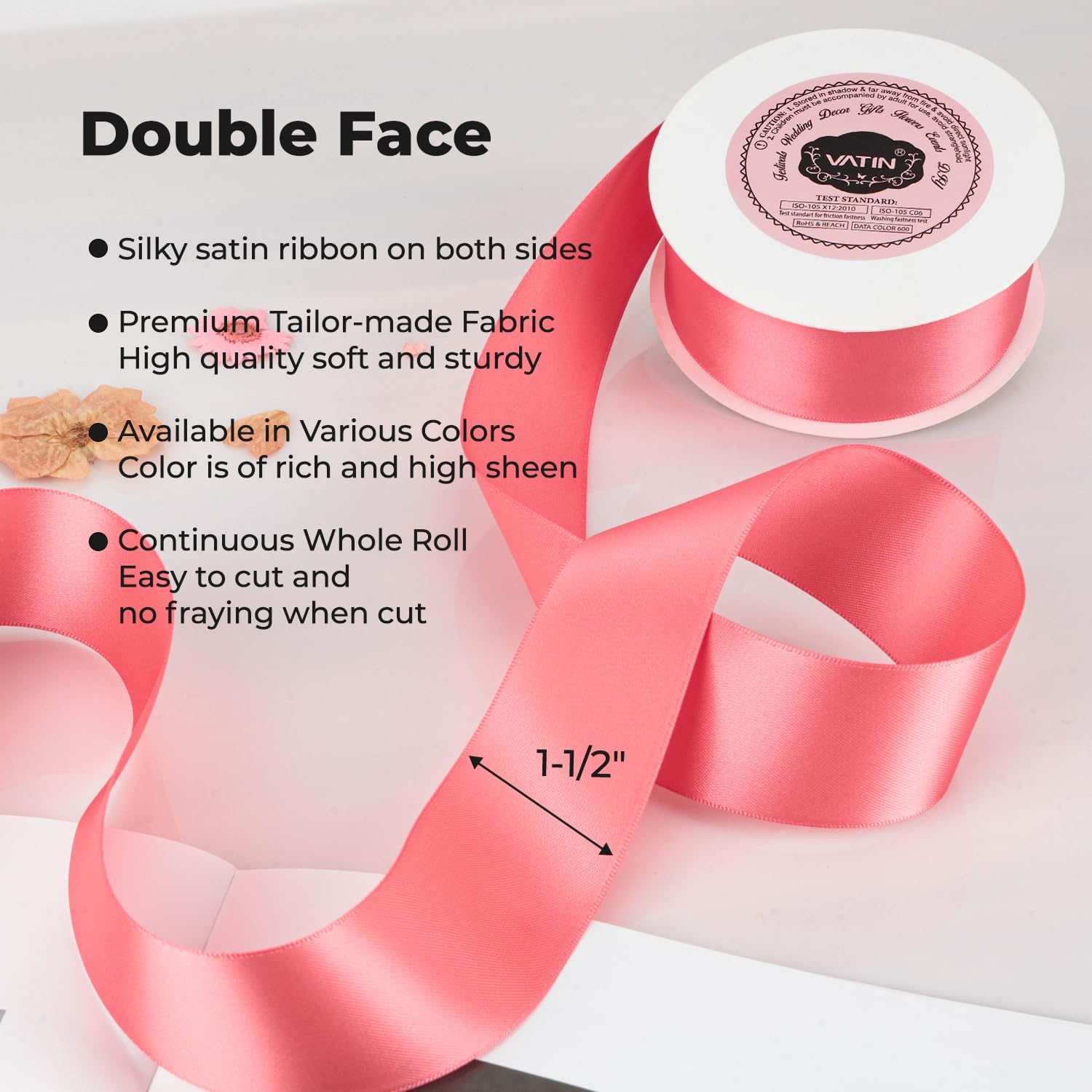 VATIN Double Face Light Coral Satin Ribbon 1-1/2" Continuous 25 Yards,Coral Polyester Fabric Ribbon use for Bows Bouquet, Gift Wrapping, Floral Arrangement Wedding Decoration