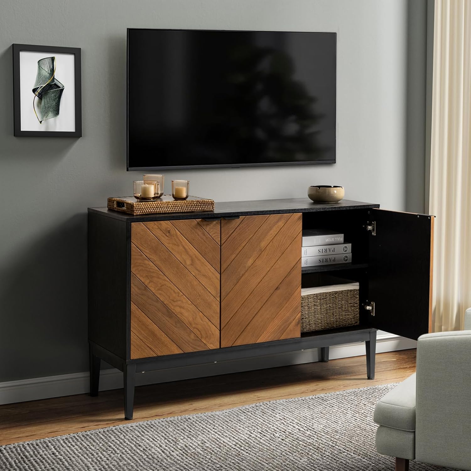 HULALA HOME 47" Accent Cabinet with Storage, Sideboard Buffet with Metal Legs, Adjusted Shelves, 3 Push Catch Doors Credenza Cupboard for Dinning Room/Living Room, Black