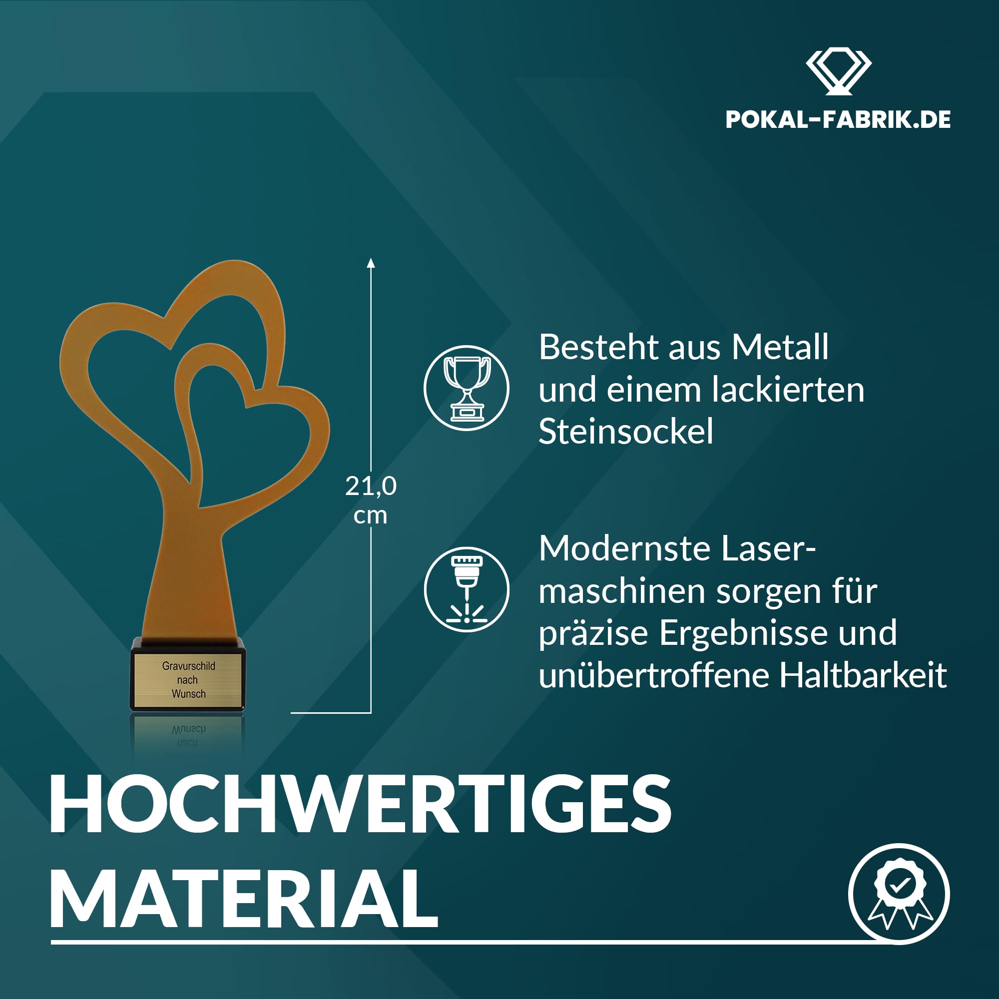 Pokal-Fabrik - Goldener Herz Pokal 21 cm aus Metall mit Gravur - Geschenk-Trophäe mit Herz-Silhouette & Steinsockel - Personalisiertes Geschenk - Muttertagsgeschenk | Hochzeitsgeschenk