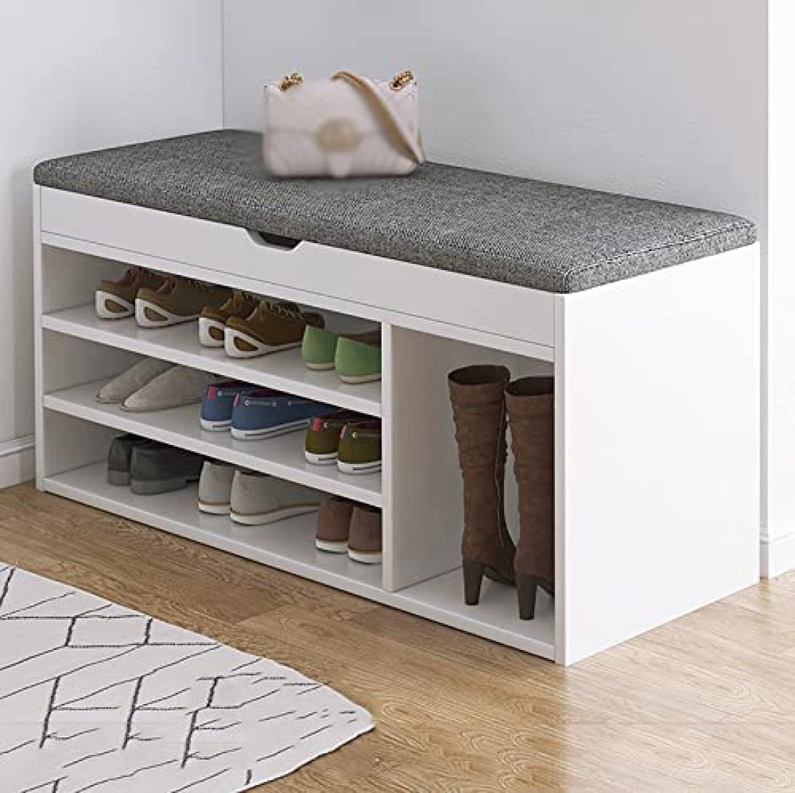 Meuble chaussures en bois blanc haut de gamme avec banc rembourré et rangement d'entrée chic