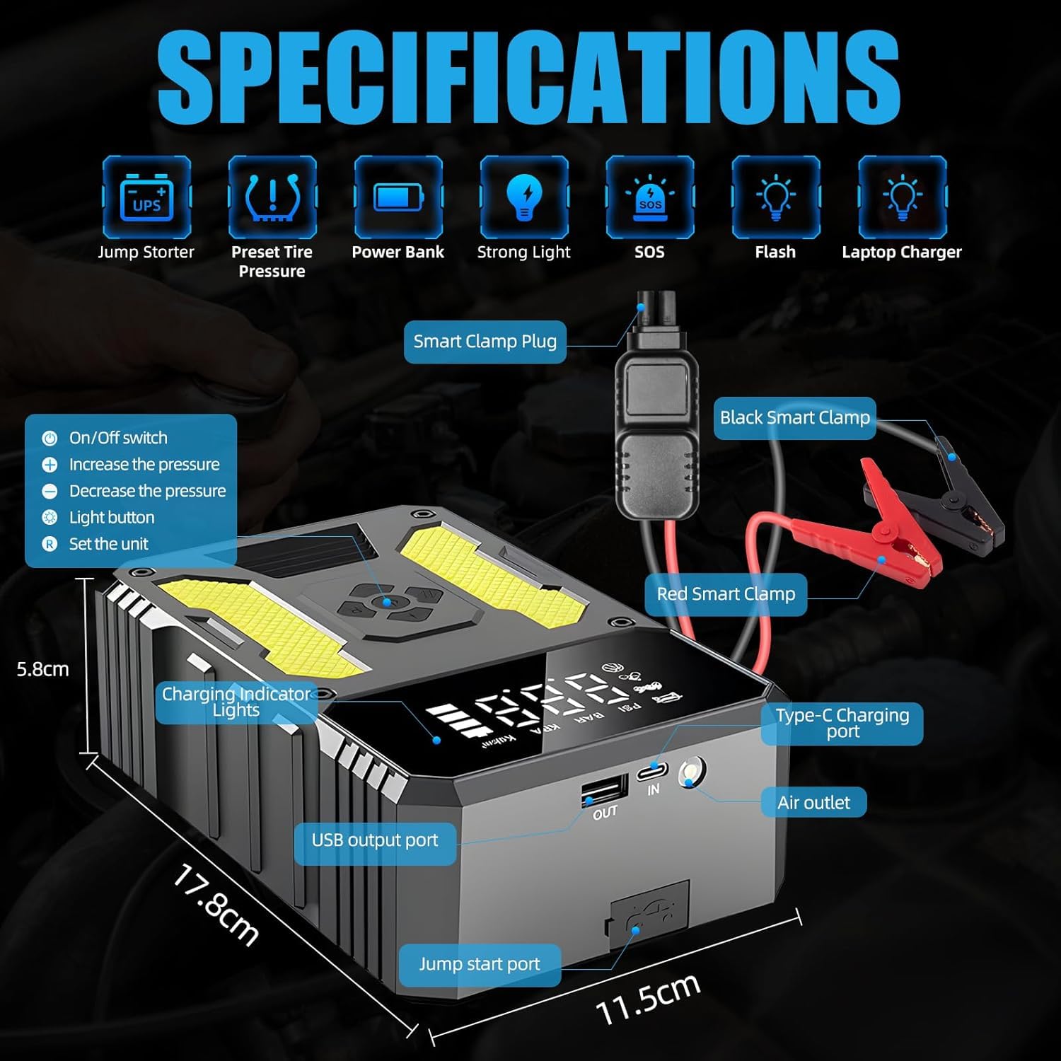 Auto Jump Starter Power Pack con compressore d'aria 6000A portatile batteria caricabatterie Booster Jump Box Jumper Power Pack Emergency Start Power Bank con torcia LED e display a LED (giallo)