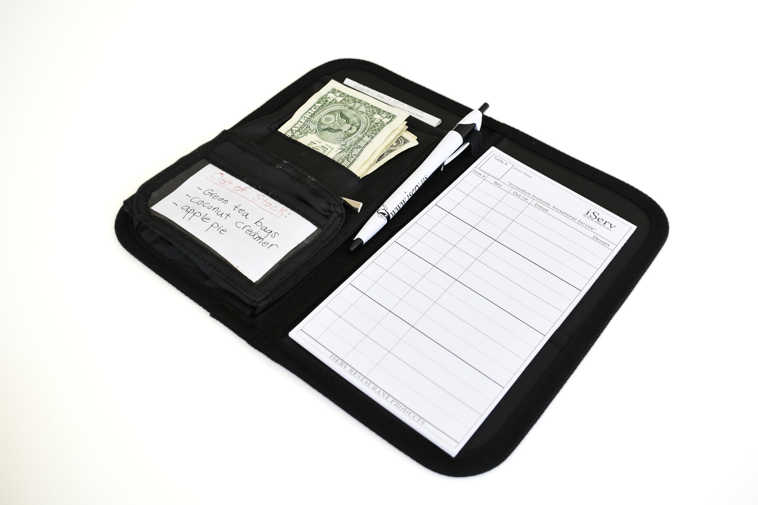 iServ Server Book for Waitress with 2 Zipper Pockets, Guest Check Book Organizer, Secure Money Pockets for Cash and Coin, Order Pad and Pen Holder Waiter Book Black Server Booklet Fits Server Apron