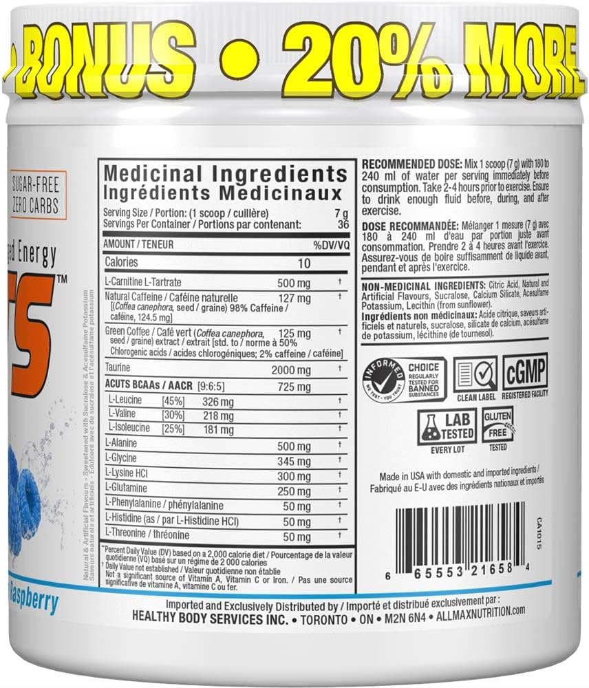 ALLMAX Nutrition AMINOCUTS (ACUTS), Amino-Charged Energy Drink with Taurine, L-Carnitine, Green Coffee Bean Extract, Blue Raspberry, 30 Servings : Health & Household