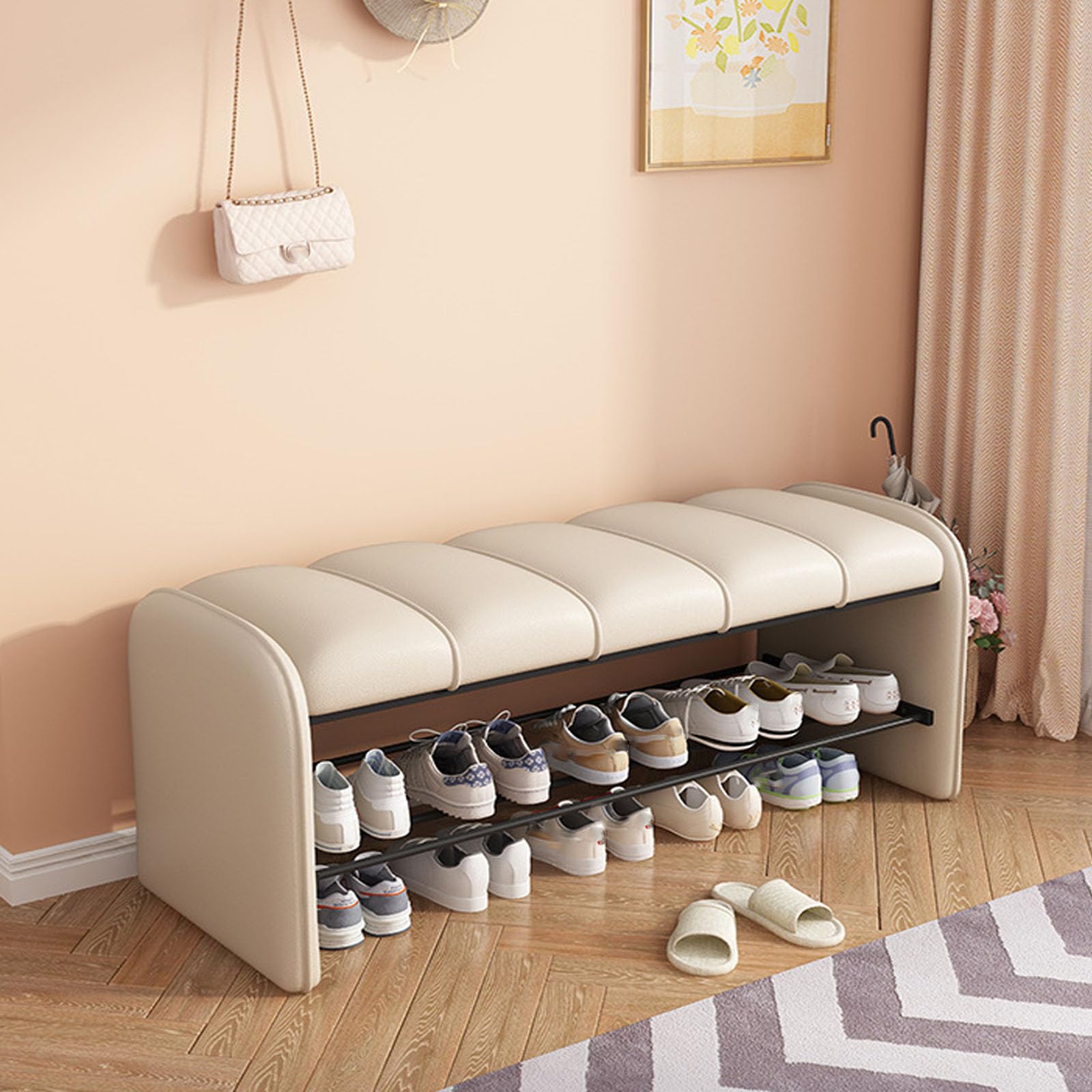 Petit banc à chaussures blanc pour entrée et couloir de 120 cm